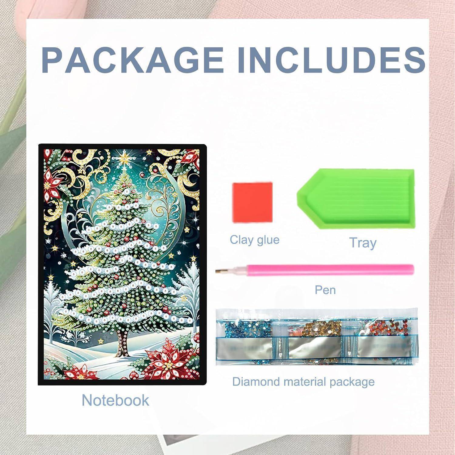 Das Paket enthält ein Notizbuch, Tonkleber, ein Tablett, einen Stift und ein Diamantmaterialpaket für ein Diamond-Painting-Set.