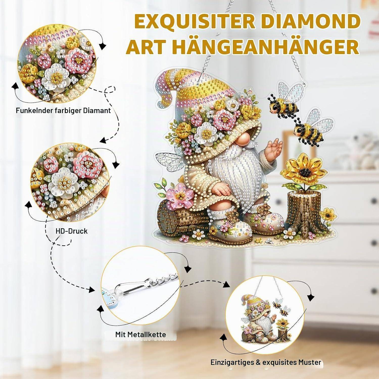Werbebild eines farbenfrohen Diamond-Art-Anhänger-Sets mit einem Gnom, Blumen und Bienen, mit Nahaufnahmen des glitzernden Designs, der Metallkette und des fertigen Musters.