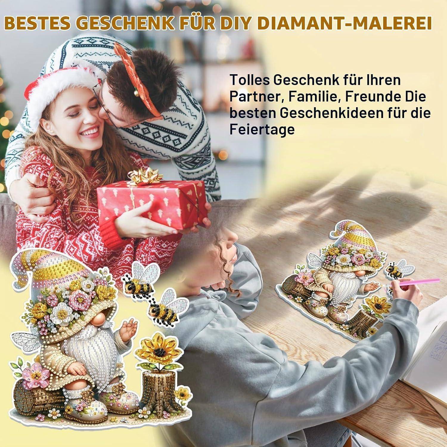 Lxmsja 5D Diamond Painting Anhänger Gnome, Biene Diamond Painting Fensterbilder Beidseitig für Erwachsene Kinder, Bastelset Kreativ Set, Hängend Or