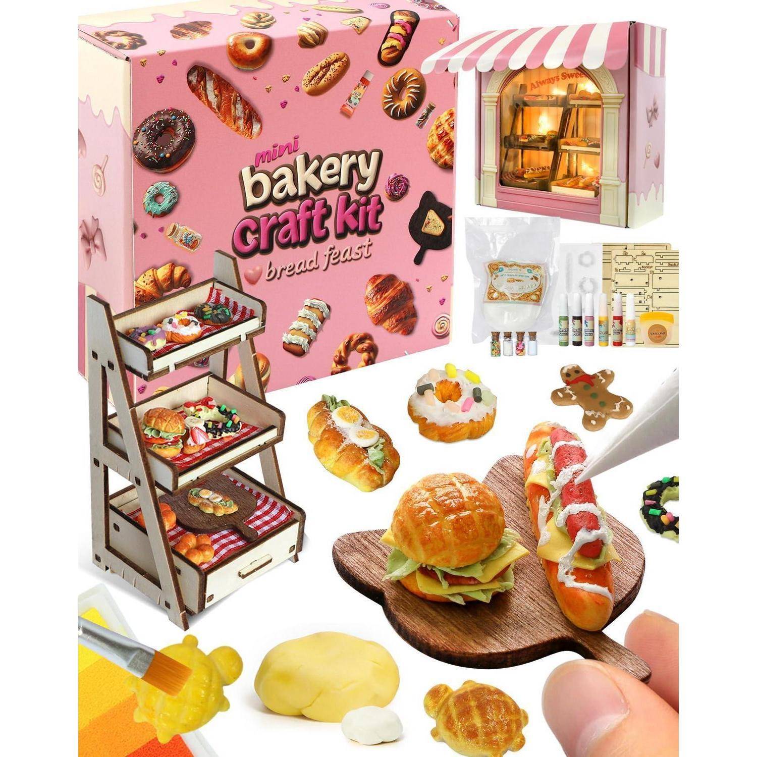 Mini-Bäckerei-Bastelset mit Spielzeugofen, Backblechen, Werkzeugen und Ton-Backwaren zum Herstellen von Brot und Desserts.