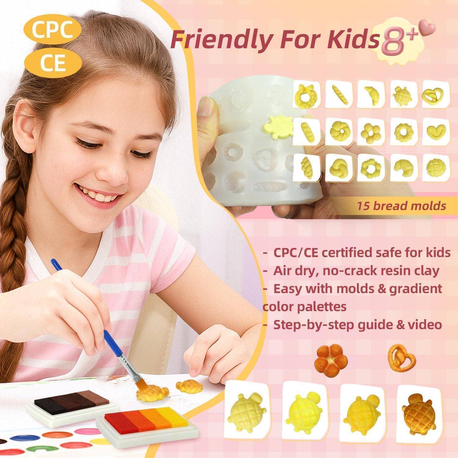 Werbebild eines lächelnden Mädchens, das Tonformen aus einem Kinderbastelsatz mit 15 Brotformen malt, CPC/CE-zertifiziert, lufttrocknendes Kunstharz-Ton und Schritt-für-Schritt-Anleitung.