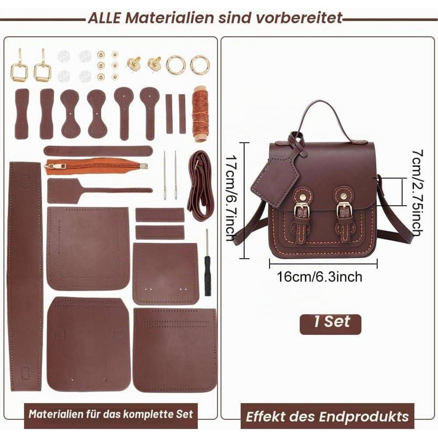 Infografik mit Lederhandtaschen-Set-Materialien auf der linken Seite und einer fertigen kleinen braunen Schultertasche auf der rechten Seite, gekennzeichnet mit Größenmessungen und „1 Set