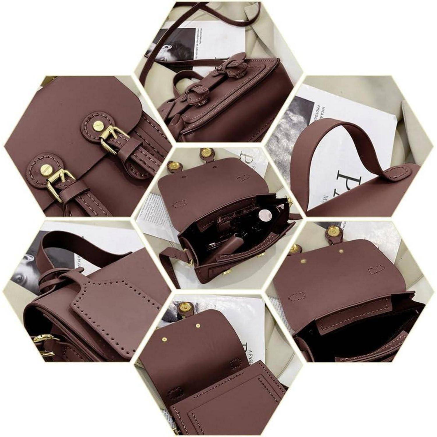 Collage einer kleinen braunen Lederschultertasche aus mehreren Blickwinkeln, die Klappe, Schnalle, Riemen und innere Fächer hervorhebt.