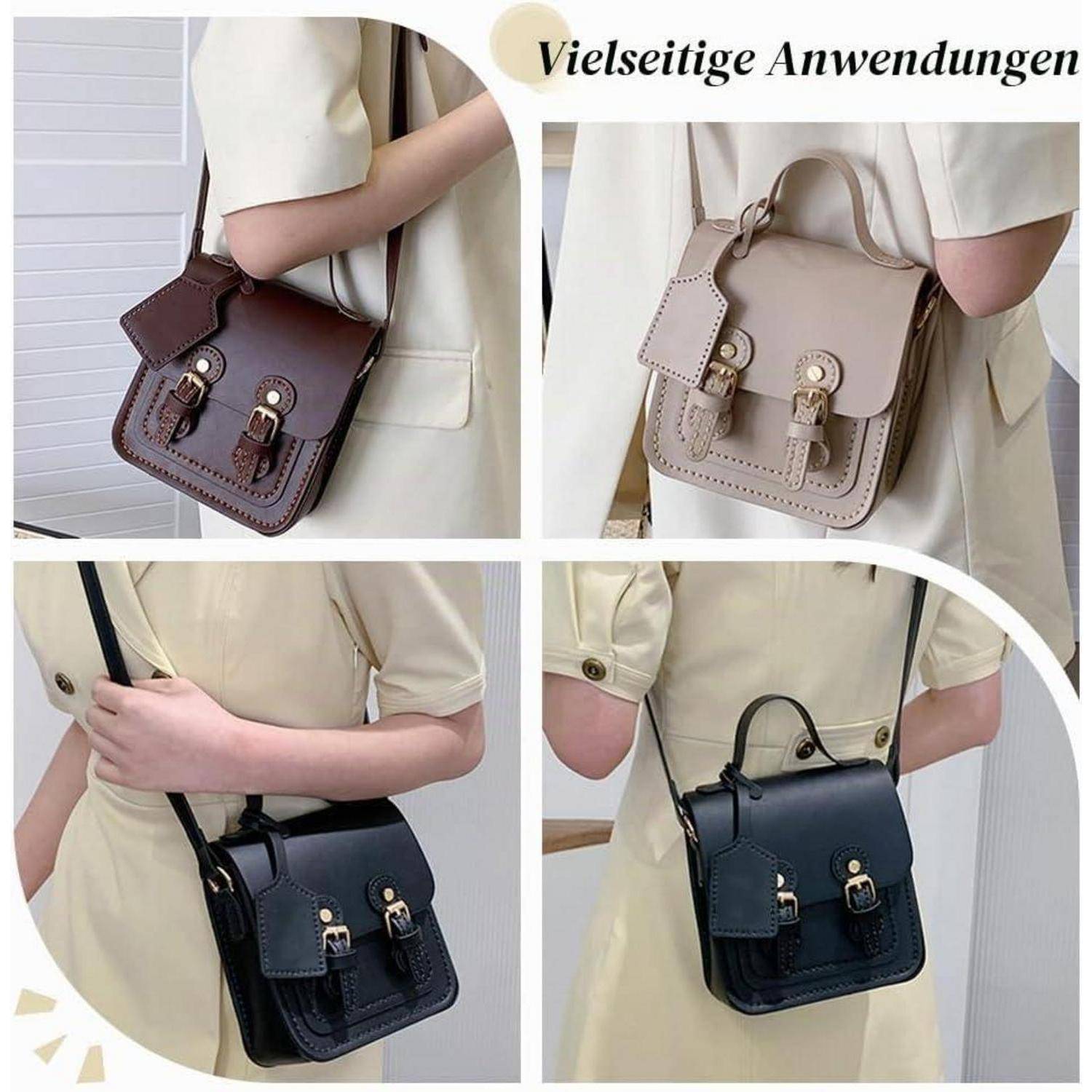 Collage einer Frau, die eine kleine Umhängetasche in vier Farben trägt, mit dem Text „Vielseitige Anwendungen