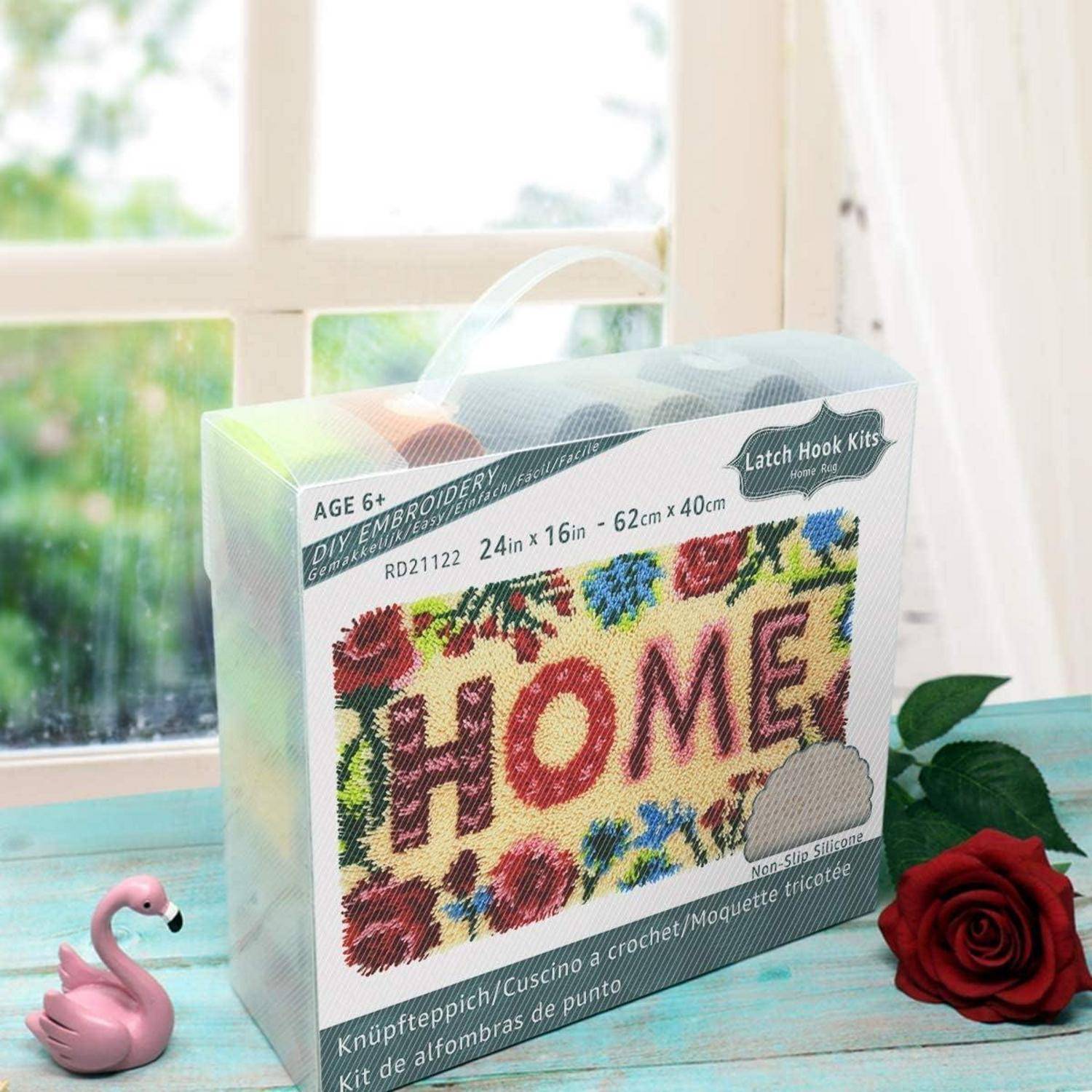 Latch-Hook-Set-Box für die Herstellung eines Blumentiepichs mit der Aufschrift „HOME