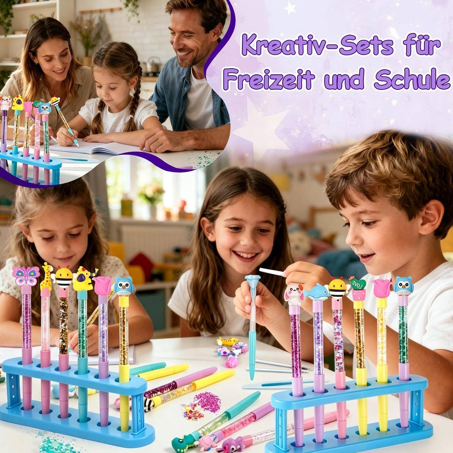Kinder basteln mit farbenfrohen dekorierten Stiften an einem Tisch, mit einer Familie im Inset und dem deutschen Text „Kreativ-Sets für Freizeit und Schule