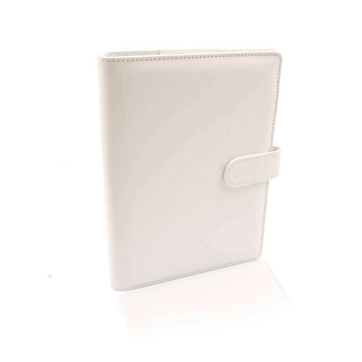 Helles Beige Planer- oder Notizbuchcover mit Reißverschluss und seitlichem Riemenverschluss, auf weißem Hintergrund abgebildet.