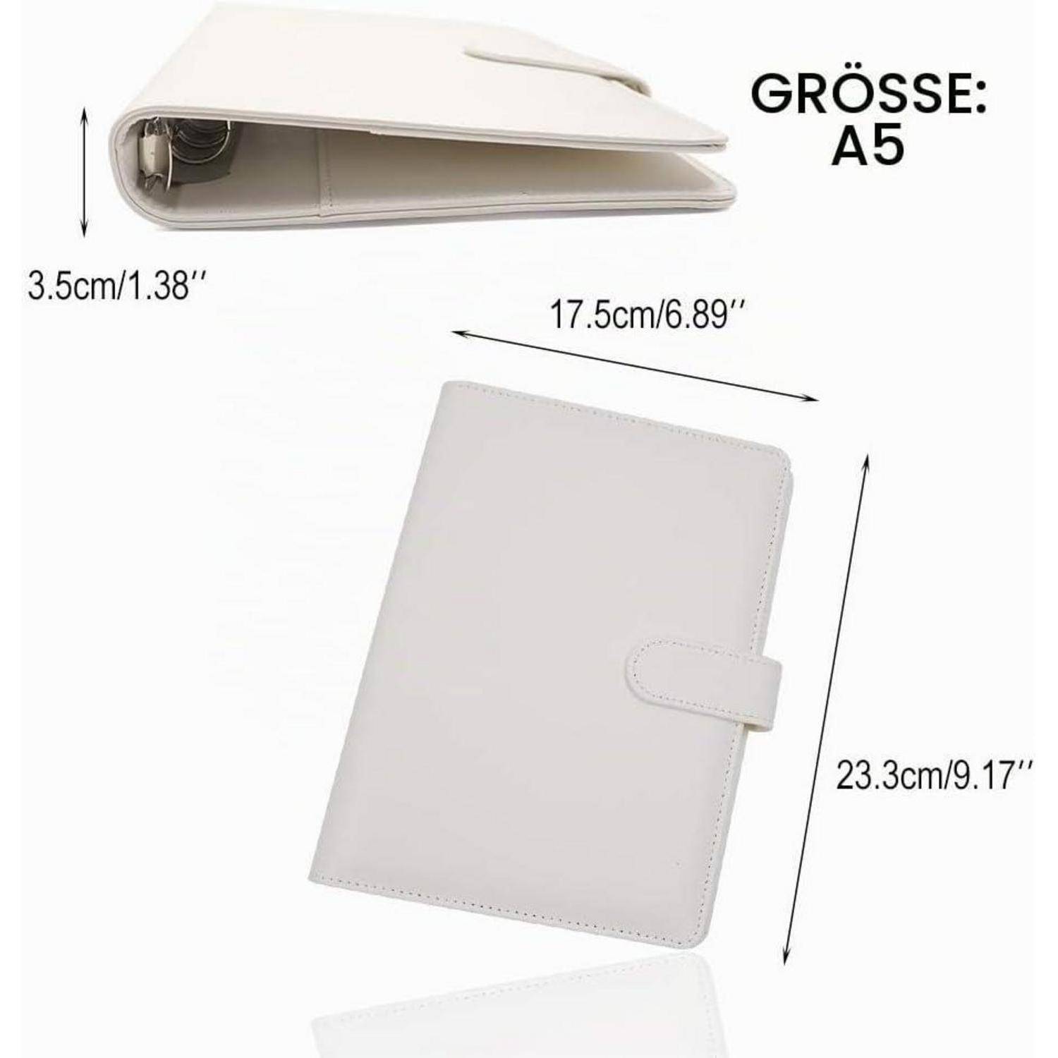 Ein weißer A5-Ordner/Organizer mit den Abmessungen 17,5 x 23,3 x 3,5 cm, ausgestattet mit einem Umschlagverschluss.