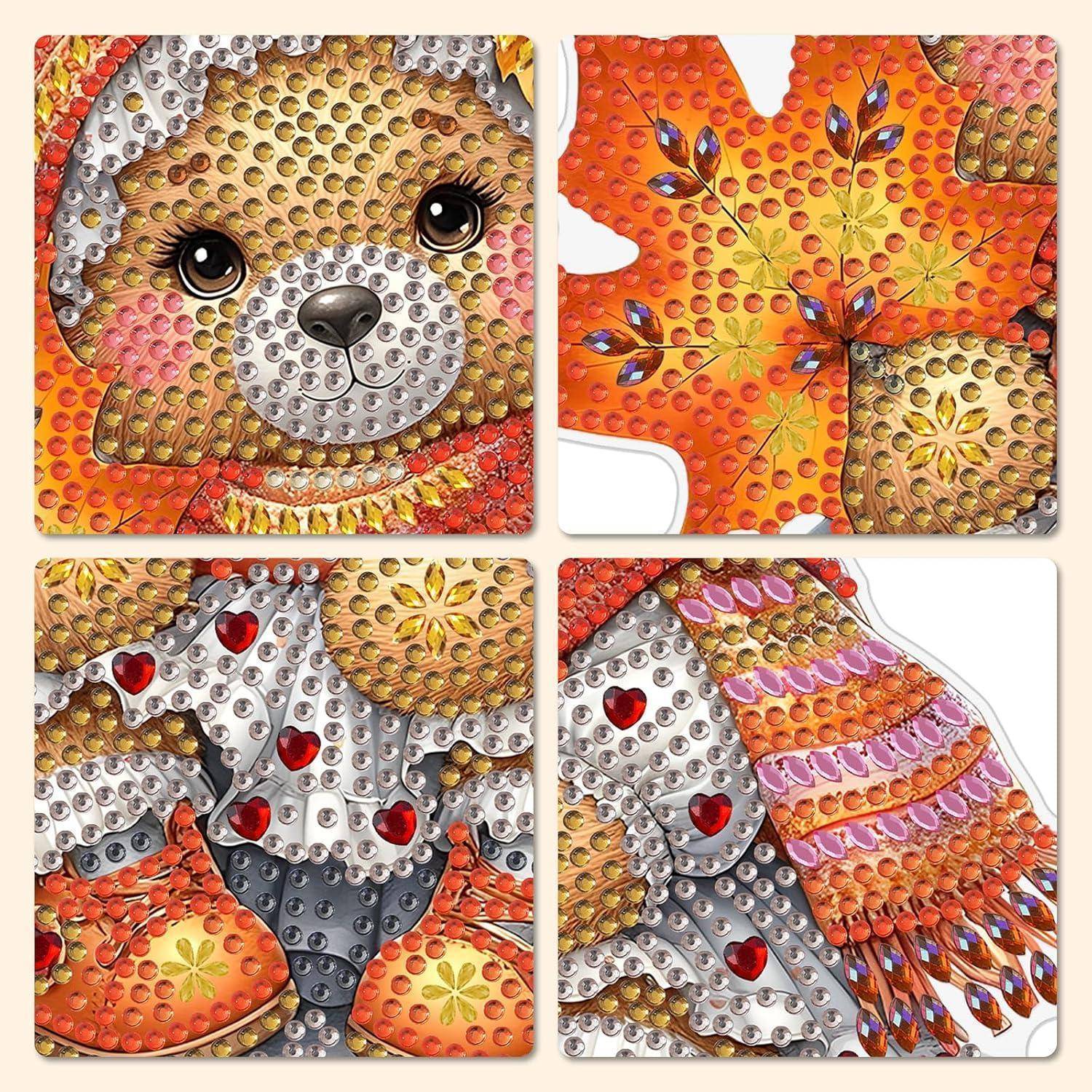 Vier Diamond-Painting-Paneele, die ein süßes Hundegesicht, Herbstblätter, einen Regenschirm mit Herzen und ein buntes gemustertes Objekt zeigen.