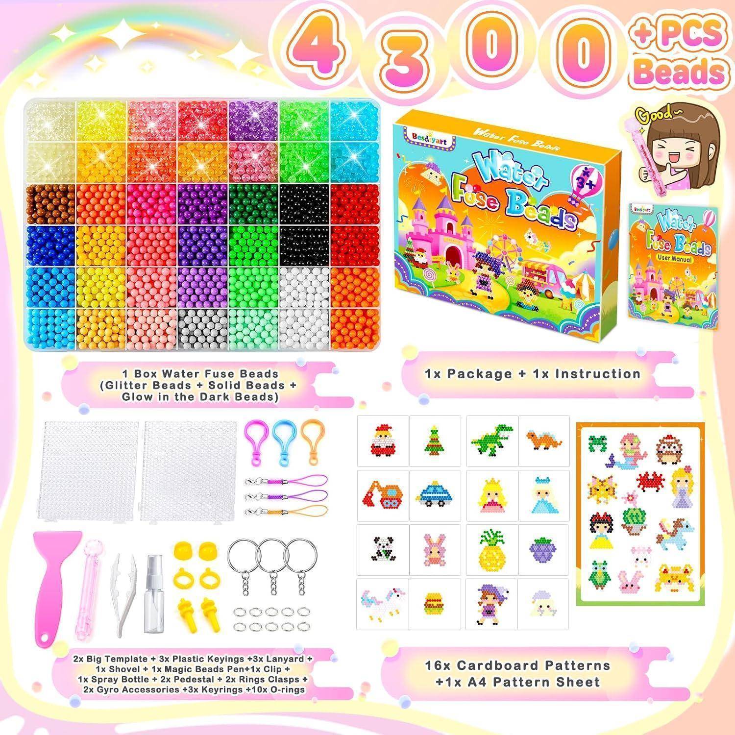 Wasser-Fusionsperlen-Set mit 4.300 Perlen, Mustervorlagen, Werkzeugen, Anleitung und farbenfrohem Box-Design zum Erstellen von Pixeldesigns.