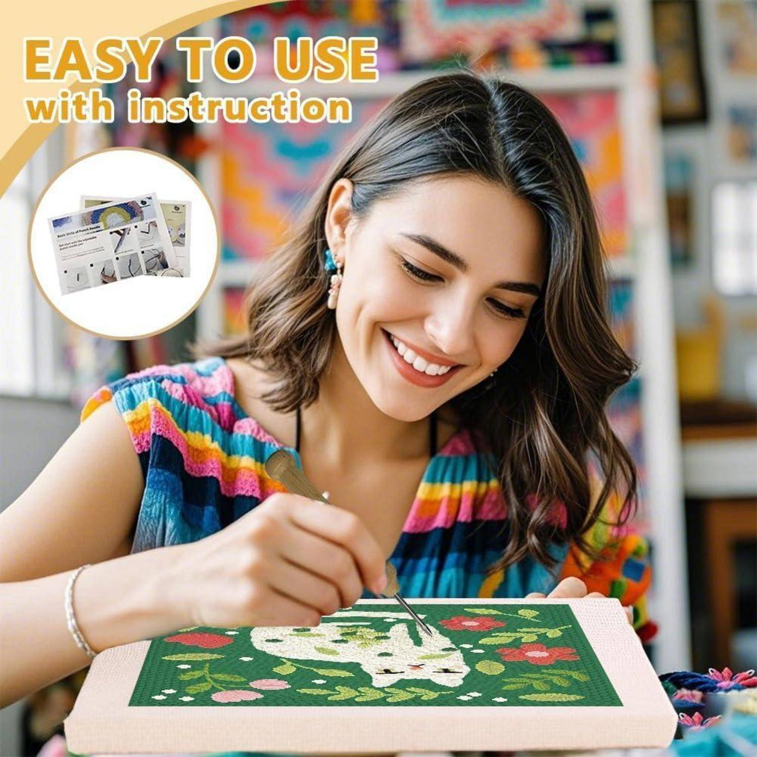 Lächelnde Frau malt ein florales Design auf eine Leinwandtafel, mit Text „EINFACH ZU VERWENDEN mit Anleitung" und eine Bildeinblendung von Anleitungsblättern.