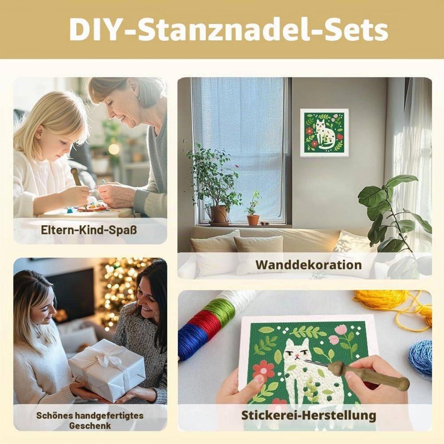 Collage von DIY-Stickerei-Set-Anwendungen: Eltern-Kind-Handwerk, Wanddekoration, handgefertigte Geschenke und Stickerei-Herstellung mit Katzenmotiv.
