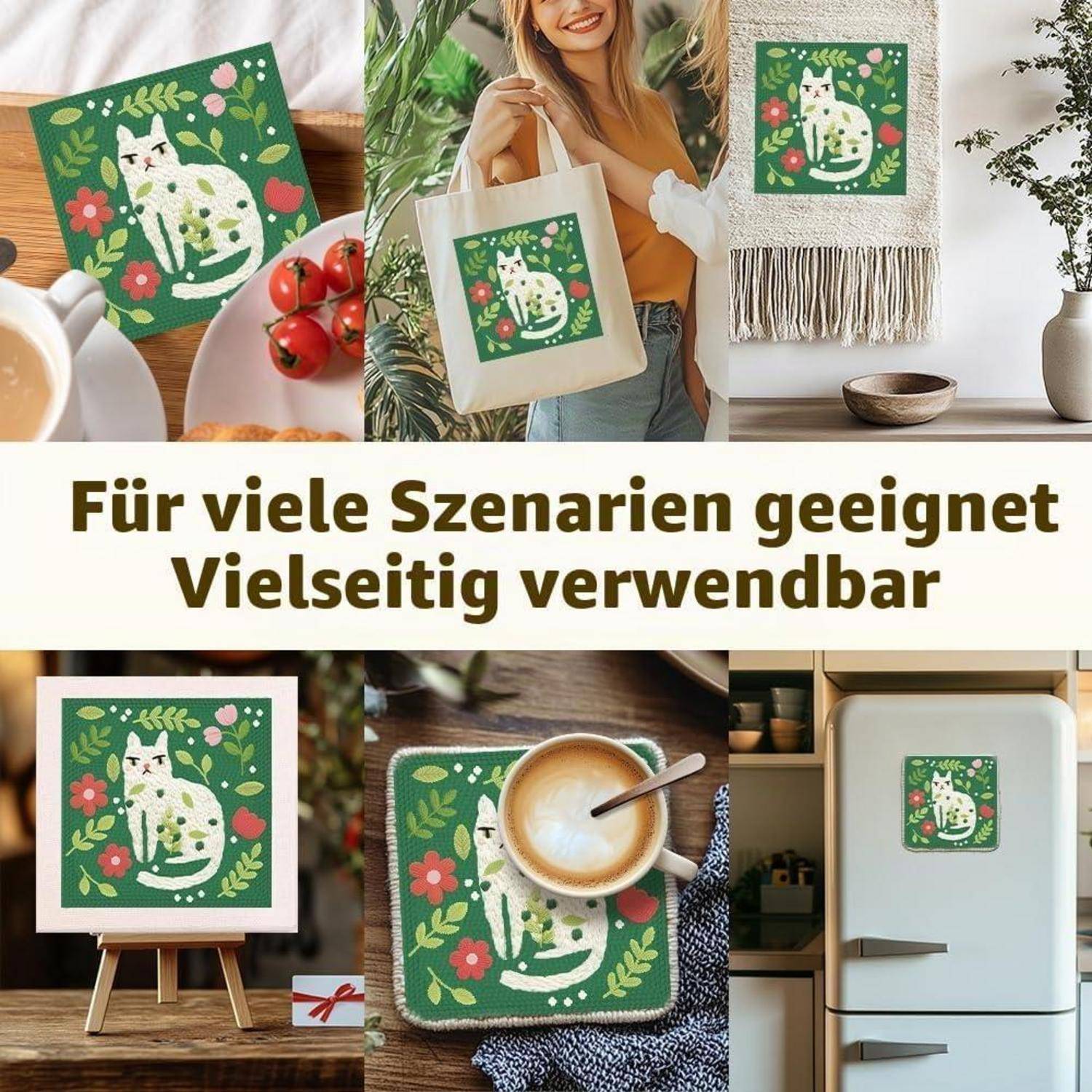 Collage einer grünen Katzenillustration, die auf einer Tragetasche, Wandkunst, Untersetzer und Kühlschrankmagnet verwendet wird, mit deutschem Text „Für viele Szenarien geeignet Vielseitig verwendbar".