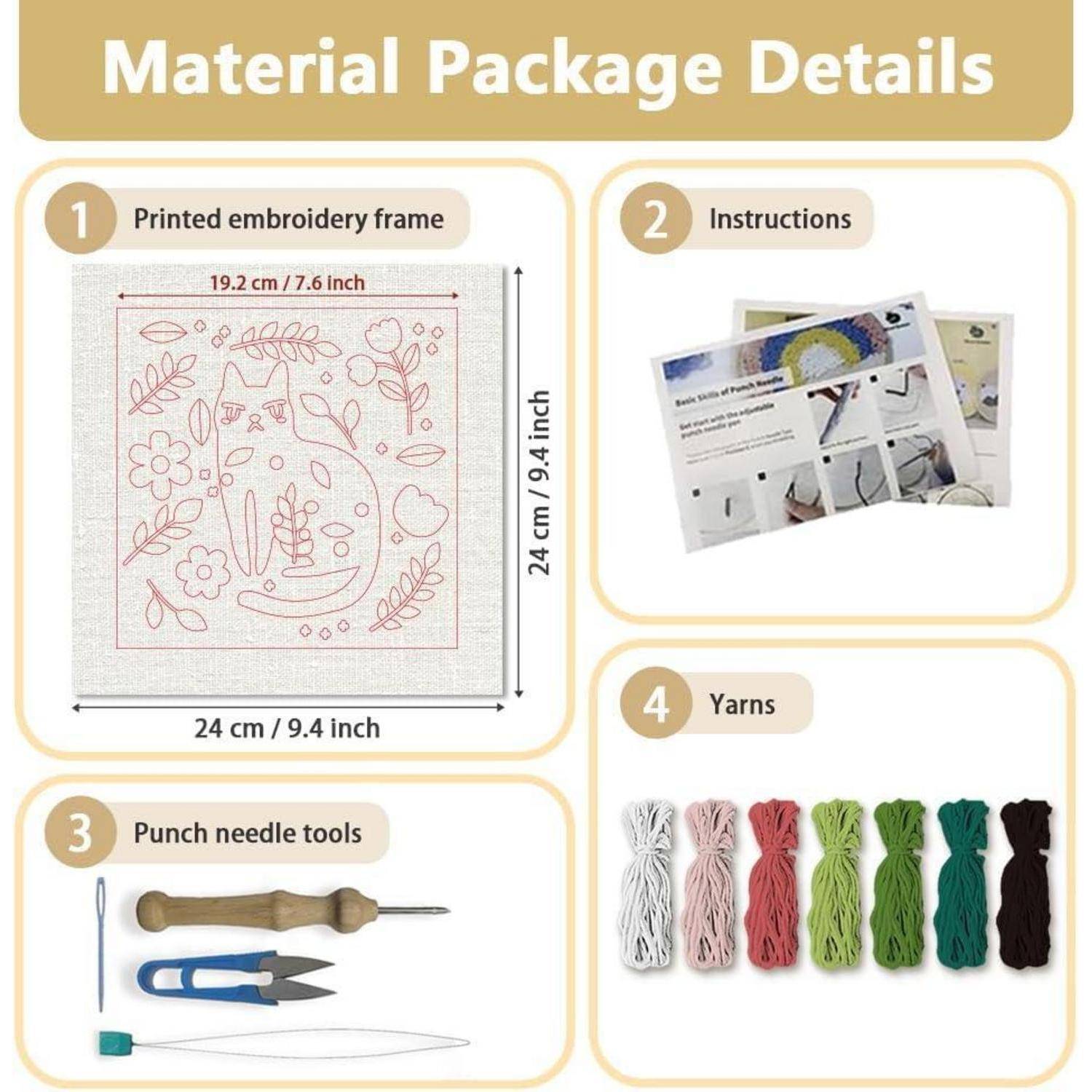 Materialpaket-Details für ein Punch-Needle-Stickerei-Set: bedruckter Stickrahmen, Anleitung, Punch-Needle-Werkzeuge und mehrere Garnfarben.