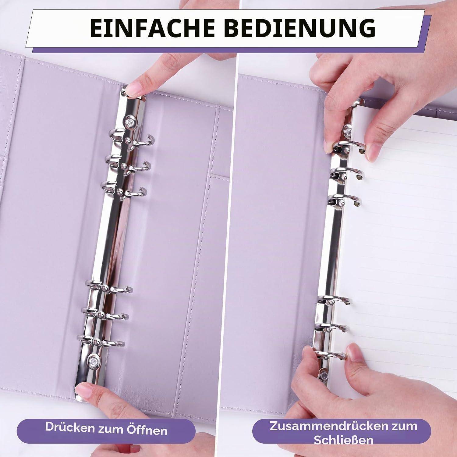 Geteiltes Bild, das einen Ringbindermechanismus zeigt: Drücken zum Öffnen auf der linken Seite, Zusammendrücken zum Schließen auf der rechten Seite. Der deutsche Text lautet „EINFACHE BEDIENUNG