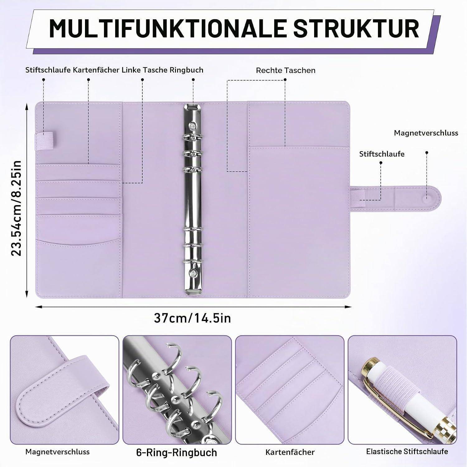 Illustration eines multifunktionalen Lavendelring-Bindeplaner mit gekennzeichneten Funktionen: Kartensteckplätze, Stiftschlaufe, Taschen, Magnetverschluss und 6-Ring-Mechanismus, Größe 37 cm x 23,54 cm.