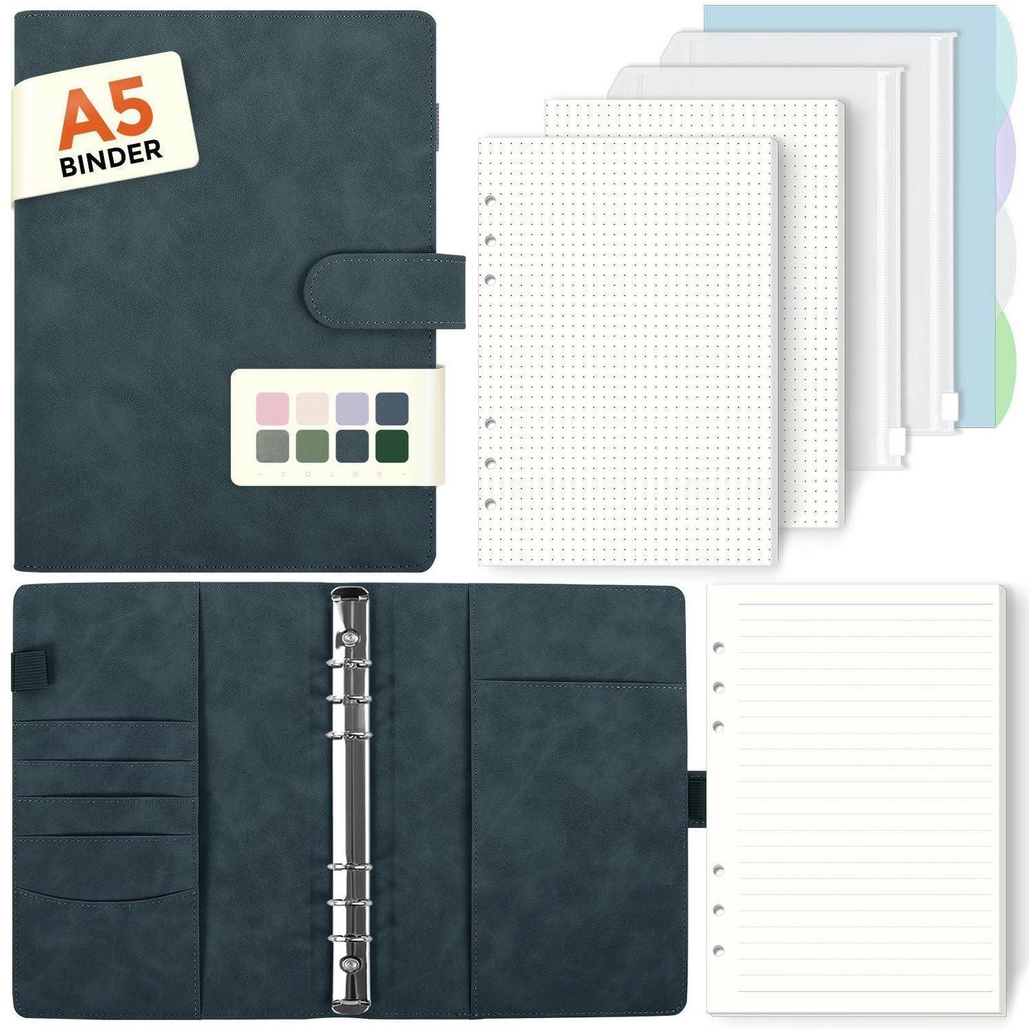 Ein A5-Ringbindernotizbuchset mit dunkelblauem Umschlag, Druckknopfverschluss, Farbmuster, linierte und gepunktete Füllseiten, geöffnet und geschlossen dargestellt.