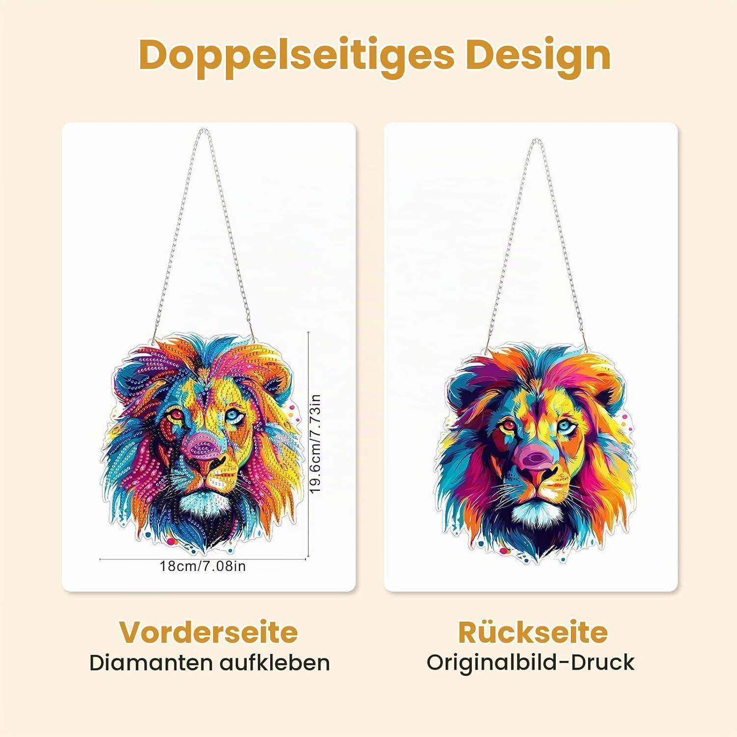 Werbekomparison einer doppelseitigen Löwen-Wandbehang: Vorderseite mit Diamantaufklebern gezeigt, Rückseite als Originaldruck gezeigt, mit Abmessungen von 18 cm x 19,6 cm.