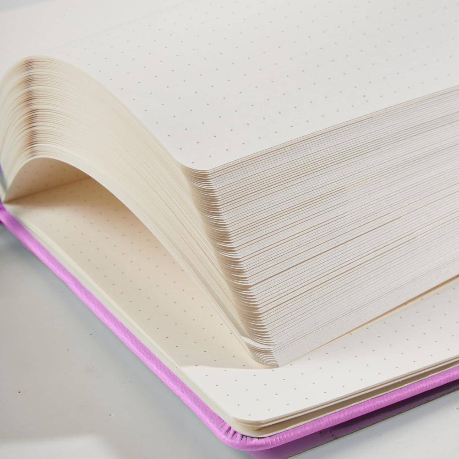 Offenes Punktnotizenbuch mit cremefarbenen Seiten und einem rosa-violetten Gummiband, Seiten aufgefächert und leicht gewölbt auf einer hellen Oberfläche.