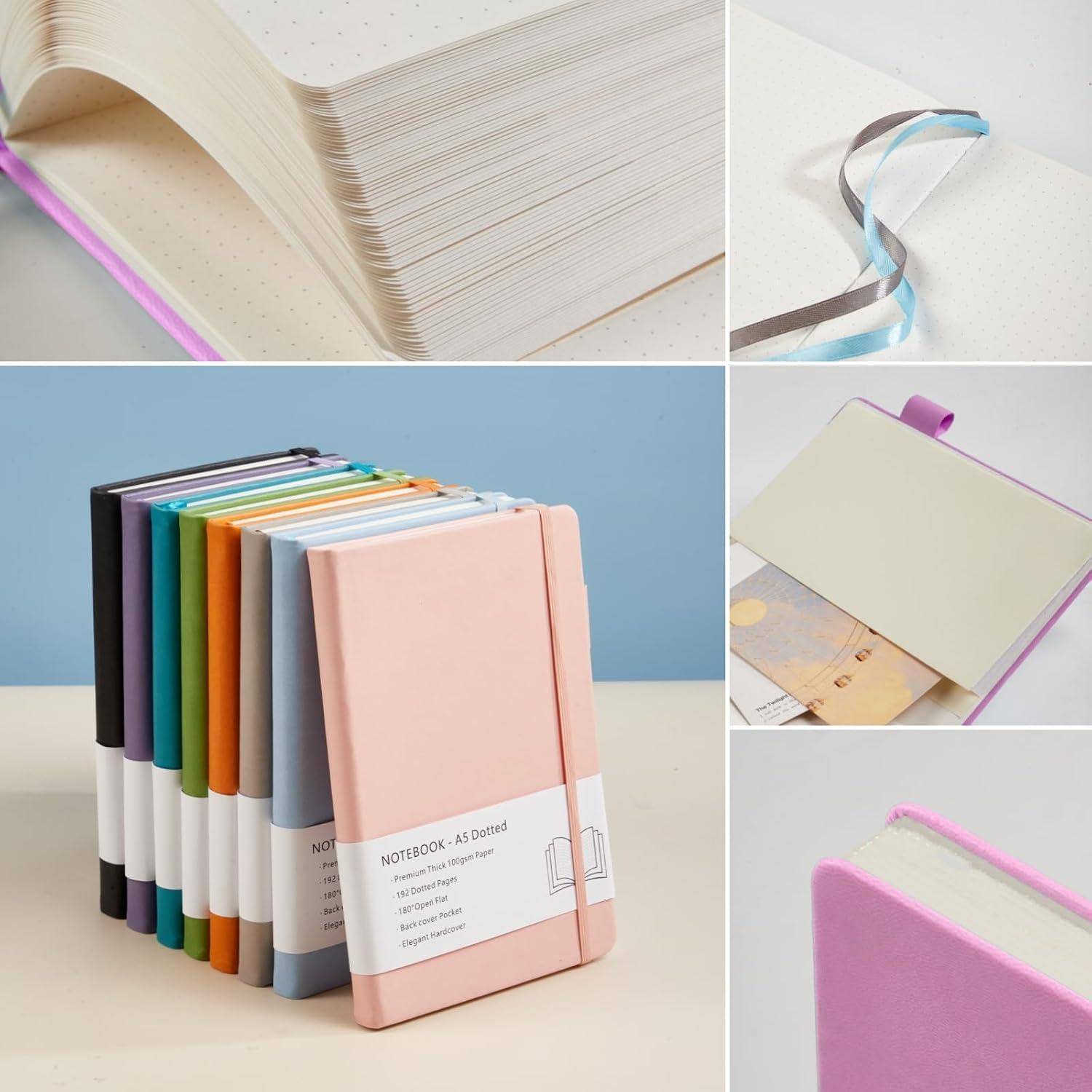Collage aus Notizbüchern und Heften mit Pastellfarbenen Hardcover, mit Stofflesezeichen, dargestellt geschlossen, gestapelt und aufgeklappt mit leeren Seiten.