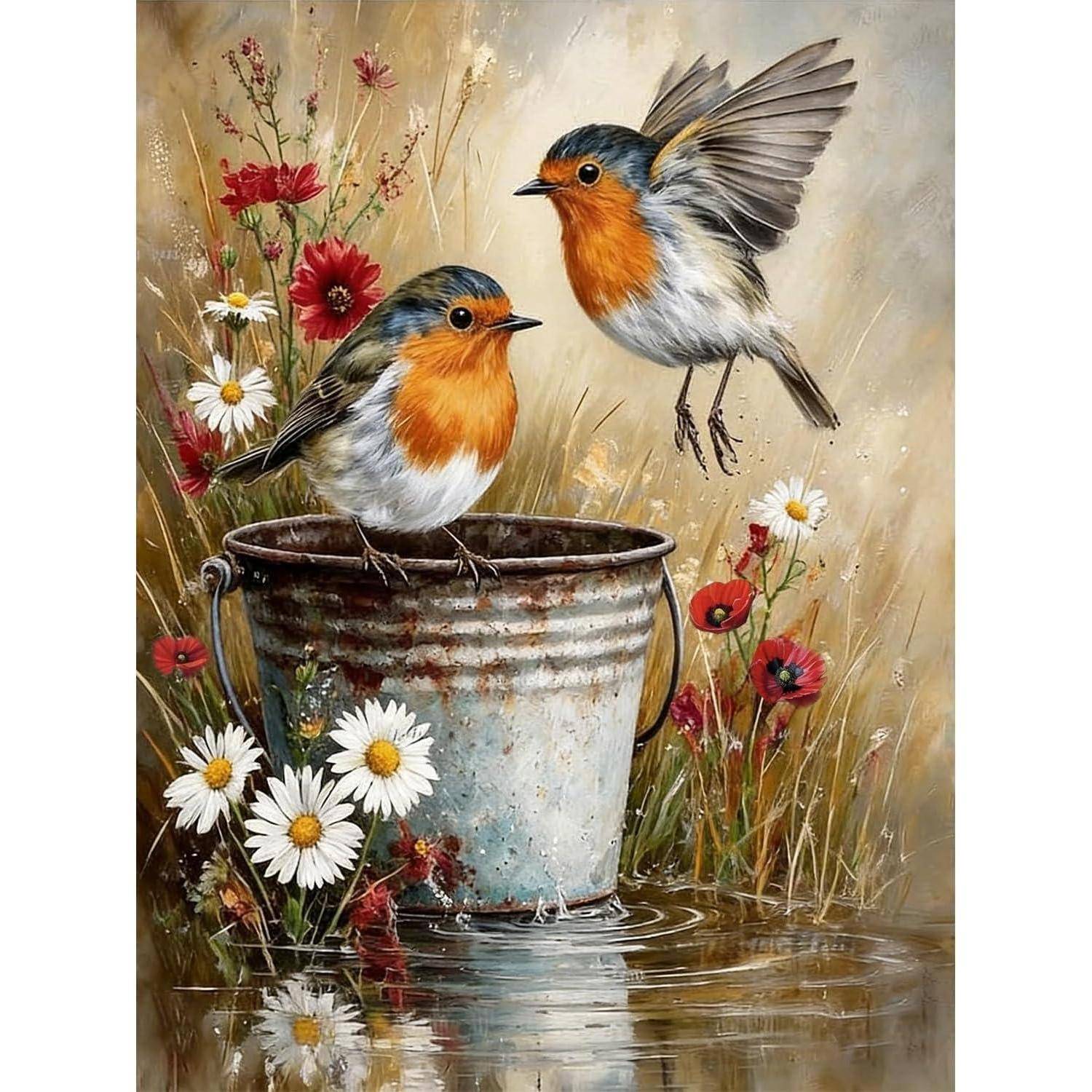 Zwei rotkehlchenähnliche Vögel in der Nähe eines verwitterten Metalleiemers inmitten von Wildblumen am Wasser; einer sitzt auf dem Rand, der andere schwebt in der Nähe.