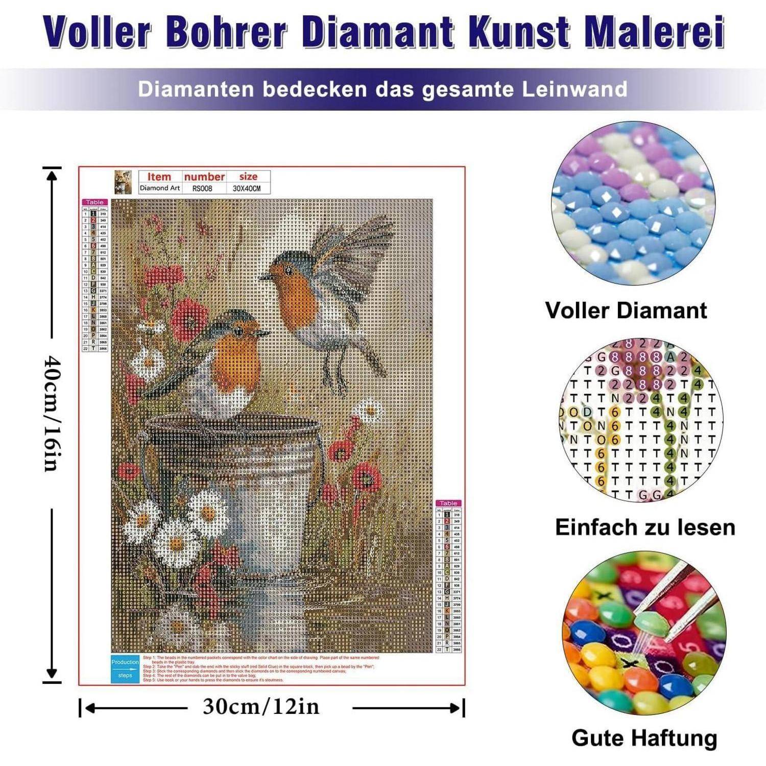 Werbegrafik für ein Komplettset zum Diamantmalen mit einem Vogel-und-Blumen-Motiv auf der Leinwand, Größe 30x40 cm, mit Hinweisen auf vollständige Diamantbedeckung, leicht zu lesendes Muster und starke Haftung.