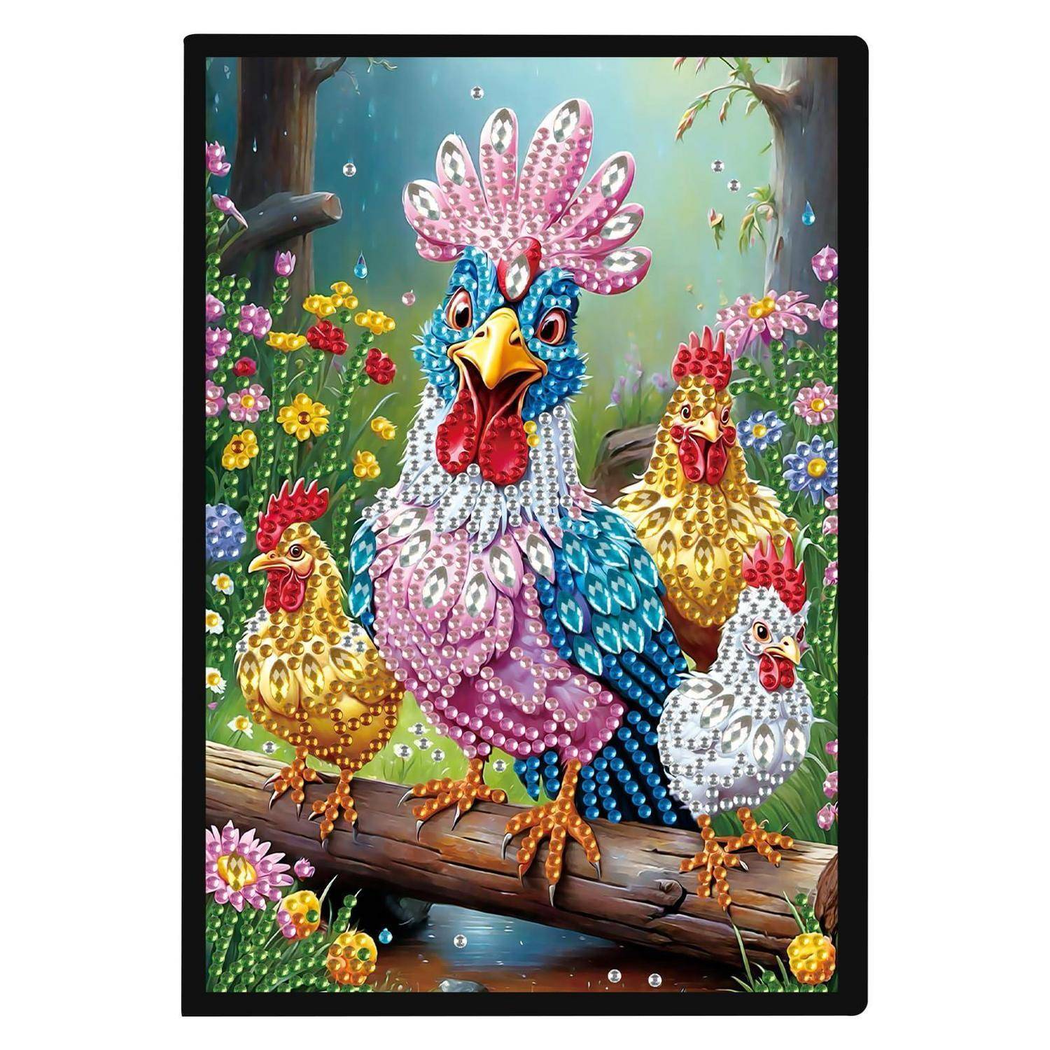 Farbenfrohe 3D-Kunstwerk eines Hahns mit drei Hennen auf einem Baumstamm inmitten von Blumen und Waldkulisse, gerendert mit edelsteinähnlichen Mosaikstrukturen.