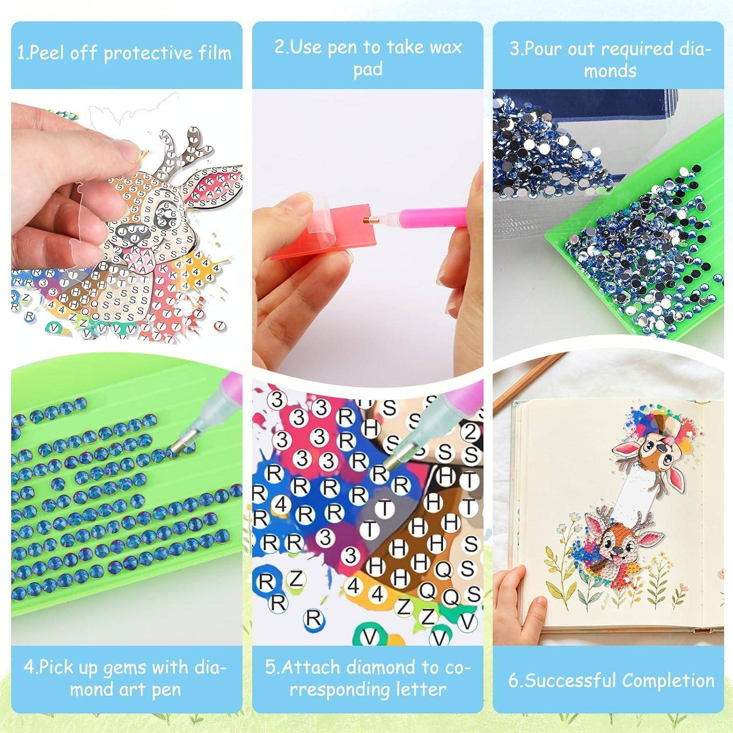 Schritt-für-Schritt-Anleitung zum Diamantmalen: Schutzfolie abziehen, mit dem Stift Wachs auftragen, Diamanten ausgießen, Edelsteine aufgreifen, sie den Buchstaben zuordnen und das Design fertigstellen.