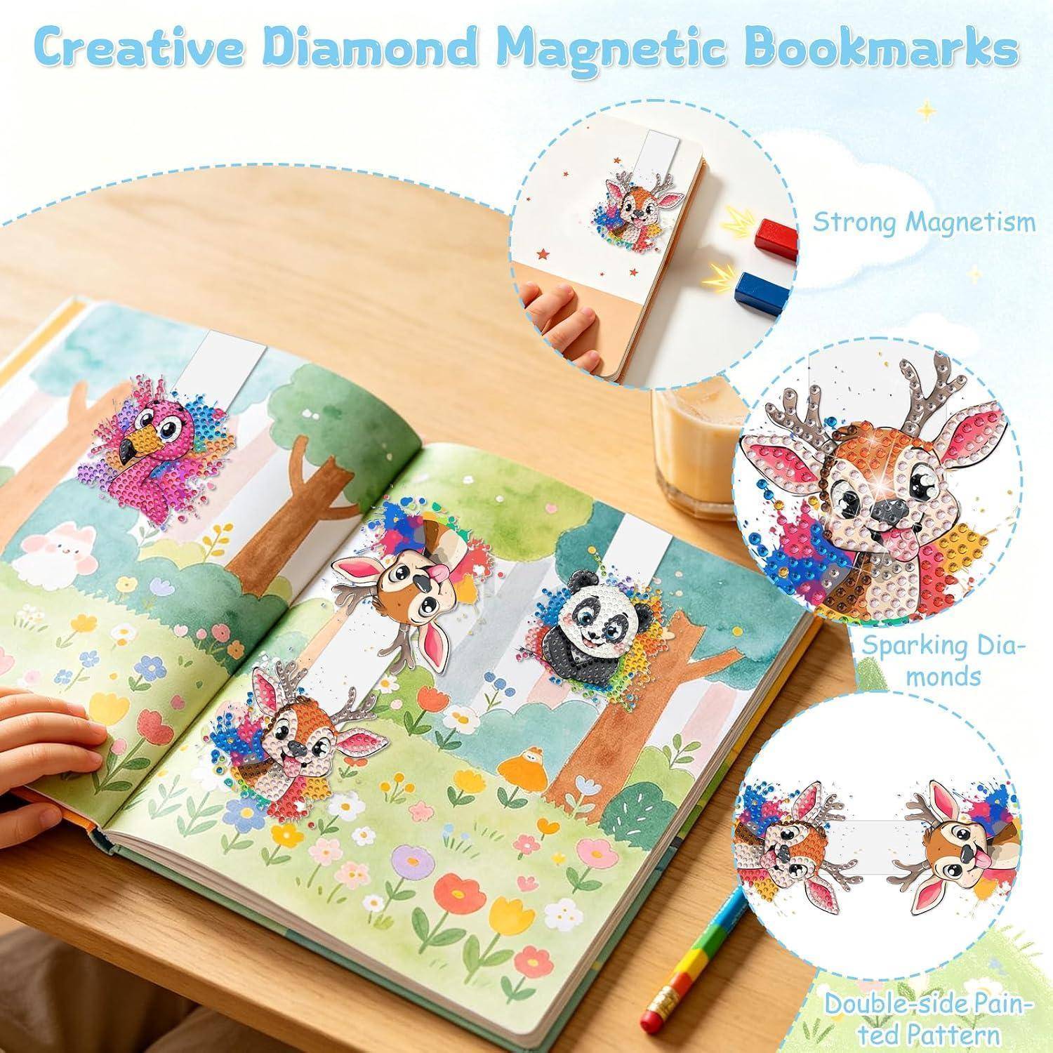 Werbebild von kreativen diamantförmigen magnetischen Lesezeichen in einem bunten Kinderbuch, das starken Magnetismus, glitzernde Diamantdetails und doppelseitige Muster hervorhebt.