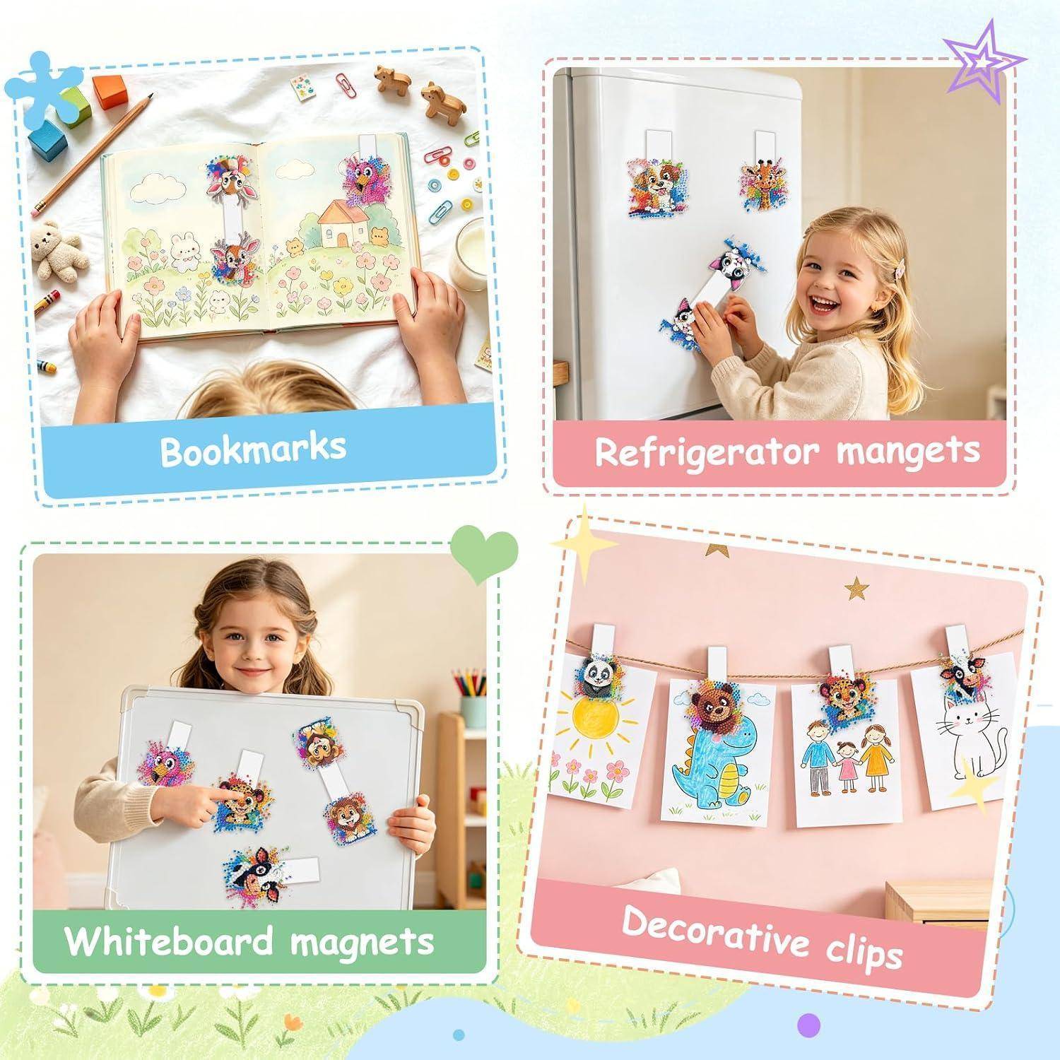 Collage mit bunten Bastelmagnetene und Clips für Kinder: Lesezeichen, Kühlschrankmagnetene, Whiteboard-Magnetene und dekorative Clips.