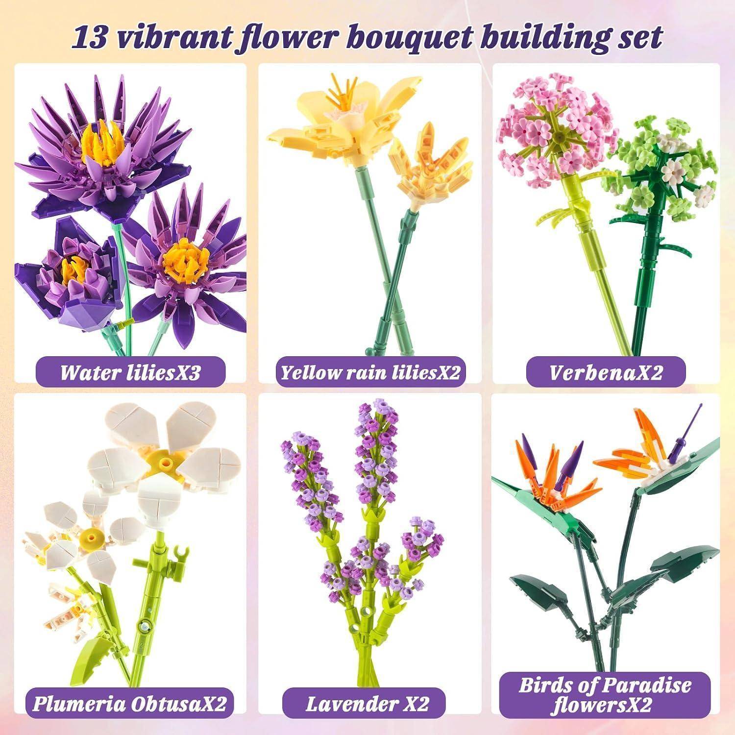 Collage eines „13er bunten Blumensträuß-Bausteine-Sets" mit sechs LEGO-ähnlichen Blumentypen: Seerosen, gelbe Regenlilien, Verbene, Plumeria, Lavendel und Paradiesvögel.