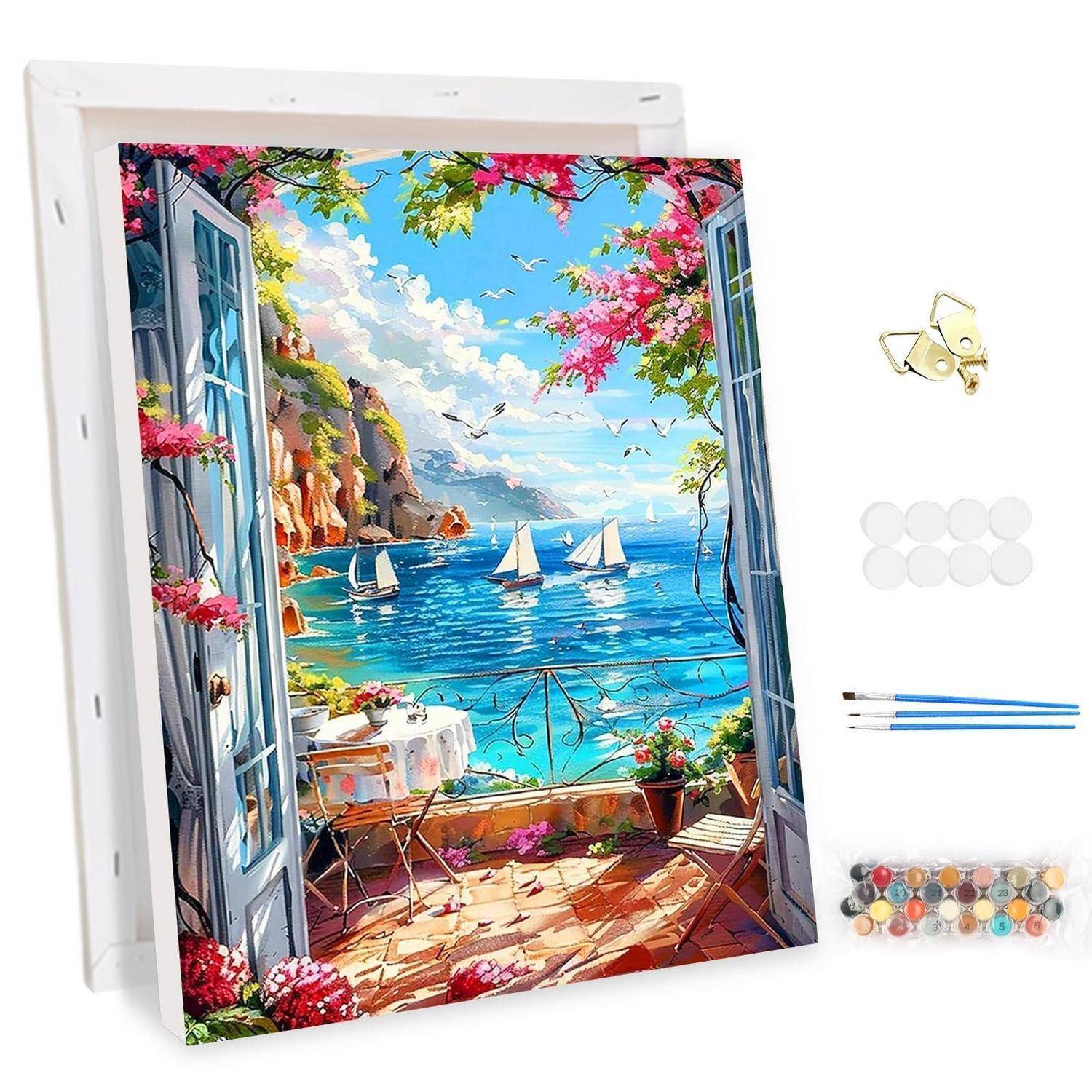Diamant-Malerei-Set mit einer Meerblick-Balkonansicht mit Segelbooten, bunten Blumen und offenen Türen auf einer gerahmten Leinwand, mit enthaltenen Werkzeugen und Perlen.