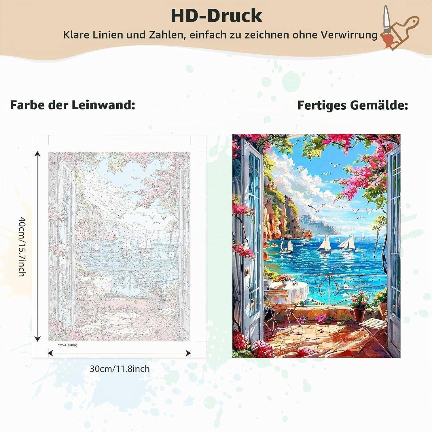 Nebeneinander-Vergleich eines Leinwanddrucks: Links zeigt die leere/skizzierte Leinwand, rechts zeigt das fertige Küstengemälde mit offenem Fenster, Segelbooten und Blumen; Abmessungen 30 x 40 cm.