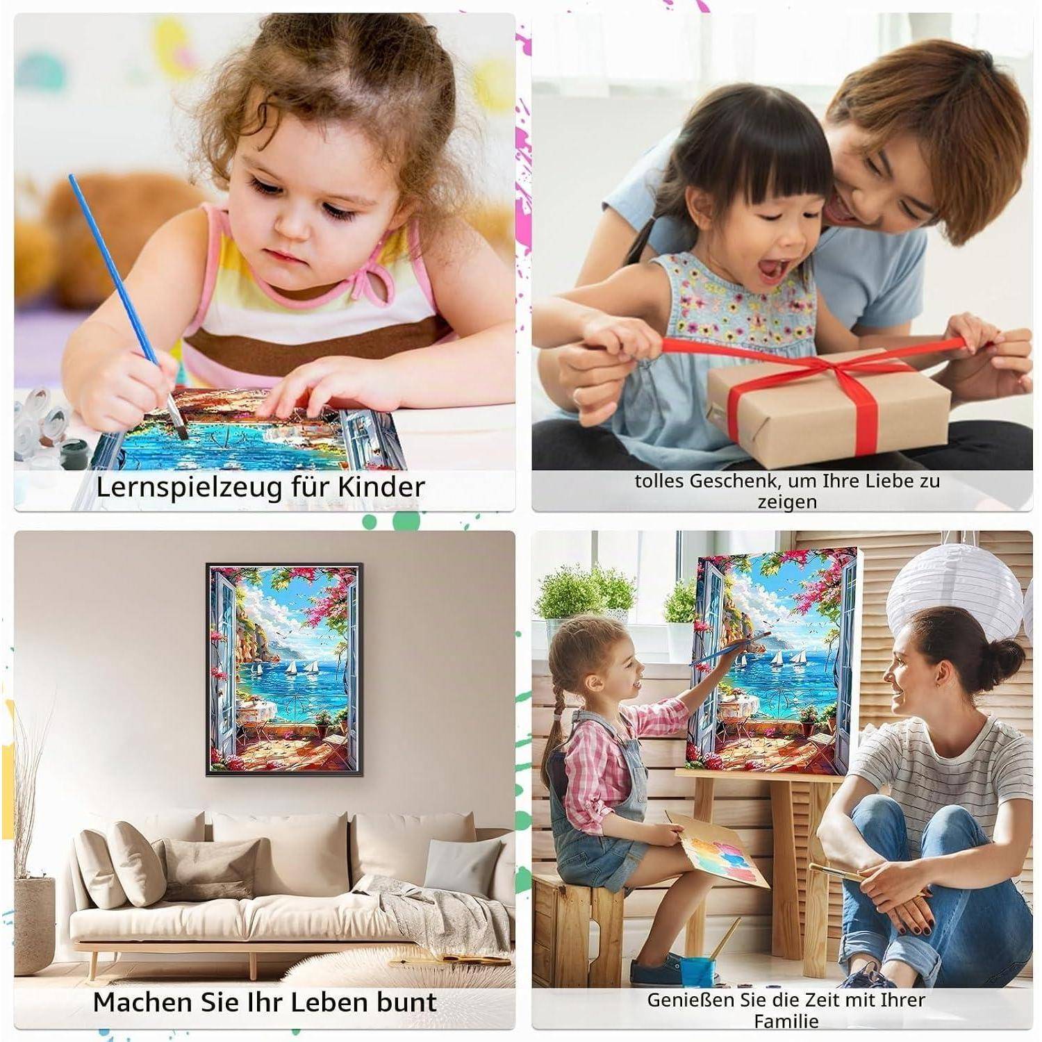 Vierteilige Anzeigencollage: Kind malt, Eltern und Kind öffnen ein Geschenk, Wohnzimmer mit farbenfroher Wandkunst und Mutter mit Kind malt an einem Fenster.