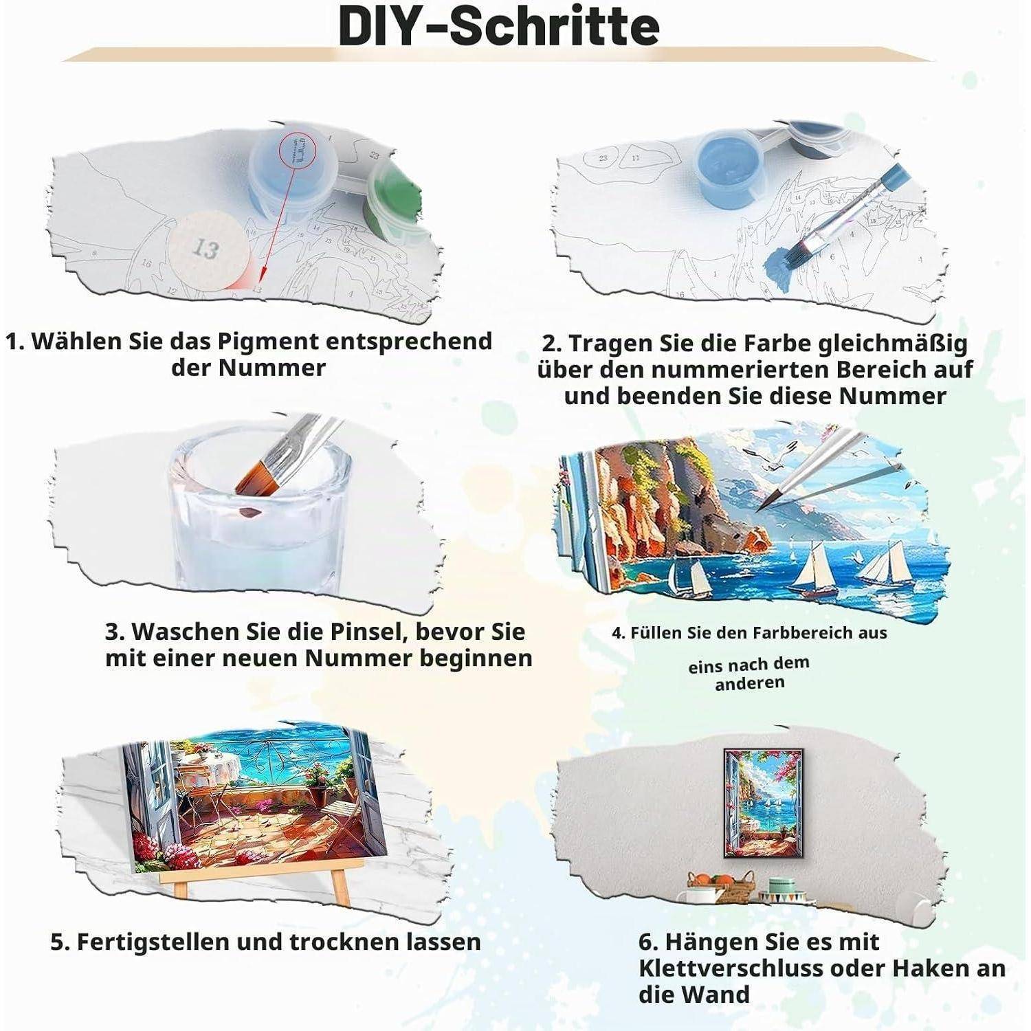 Deutsche Malen-nach-Zahlen-Schritte: Passende Farbe auswählen, nummerierte Bereiche ausfüllen, Pinsel reinigen, Abschnitte vervollständigen, trocknen, dann mit Klettband oder Haken aufhängen.
