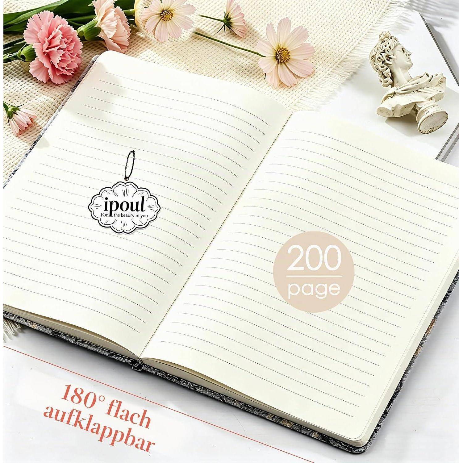 Aufgeklapptes Notizbuch mit Linien und „200 Seiten