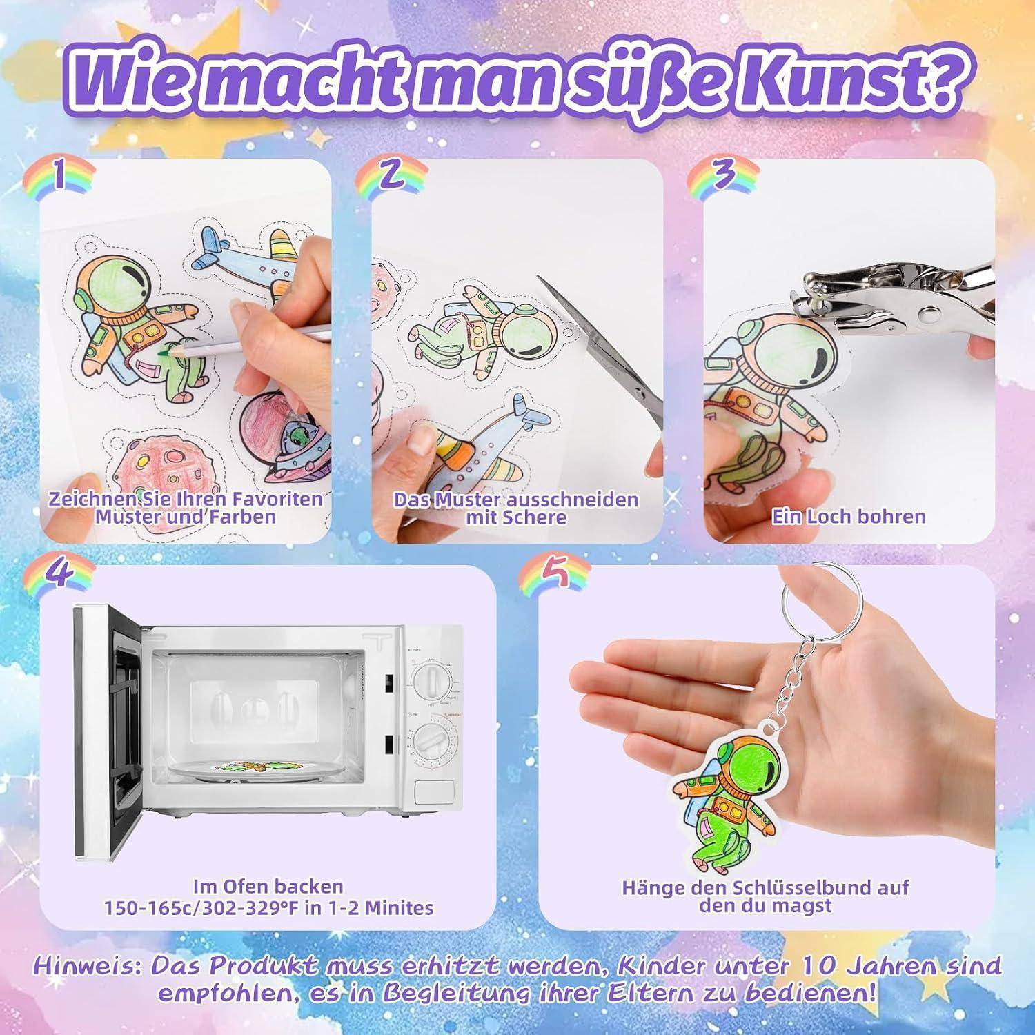 Gushu 208 Stück Schrumpffolie Set, Schrumpffolie Set Schlüsselanhänger zum Bastelset 30 A5 Schrumpffolie,165 Schlüsselanhänger-Zubehör,Locher,12