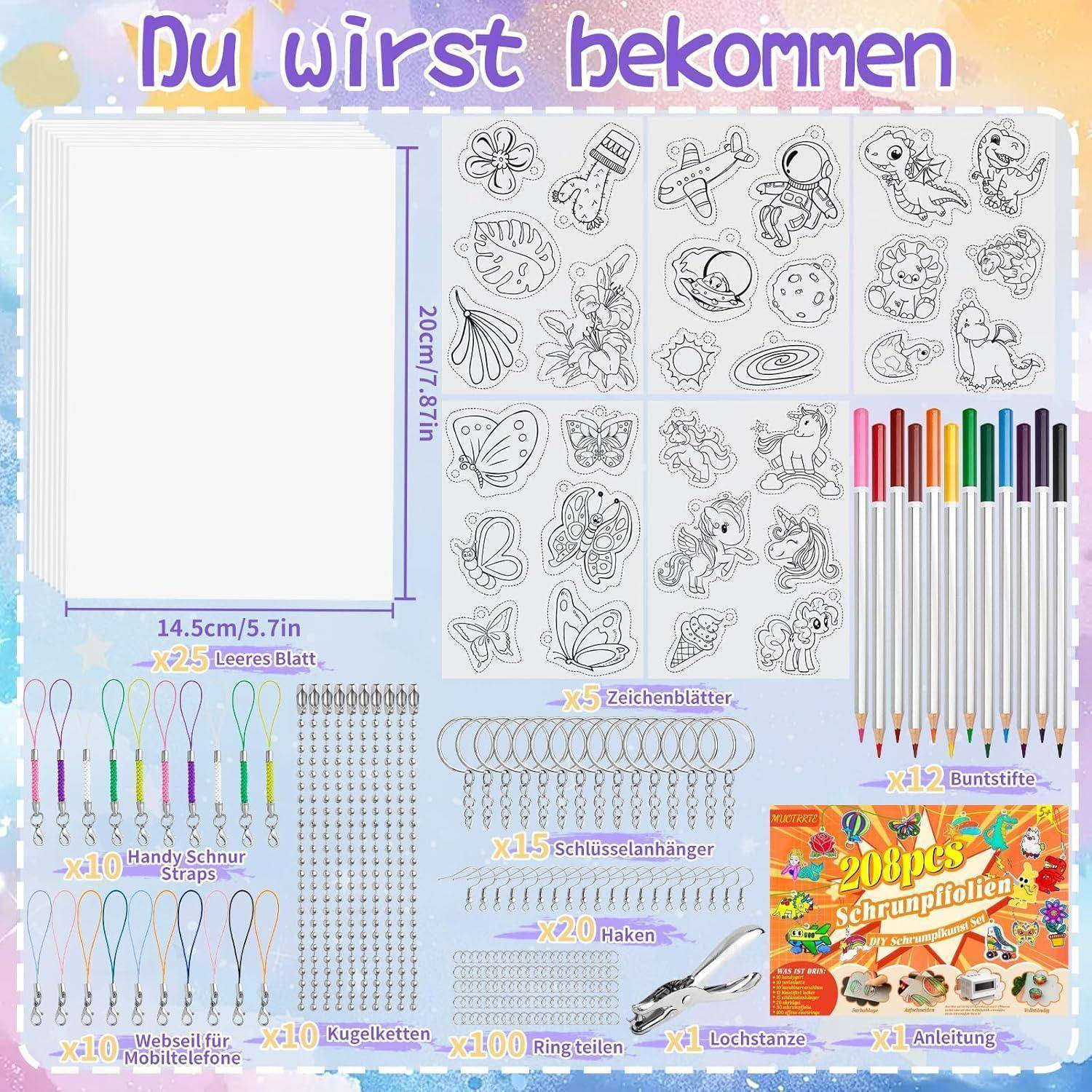 Produktinhaltsübersicht für ein Kunstbedarfsset: leere Seiten, Aufklebersätze, Farbstifte, Schlüsselanhänger, Haken, Ringe, Locher, Umhängebänder, Perlen und Anleitungsblatt, gekennzeichnet als „208-teilige Schrumpffolien