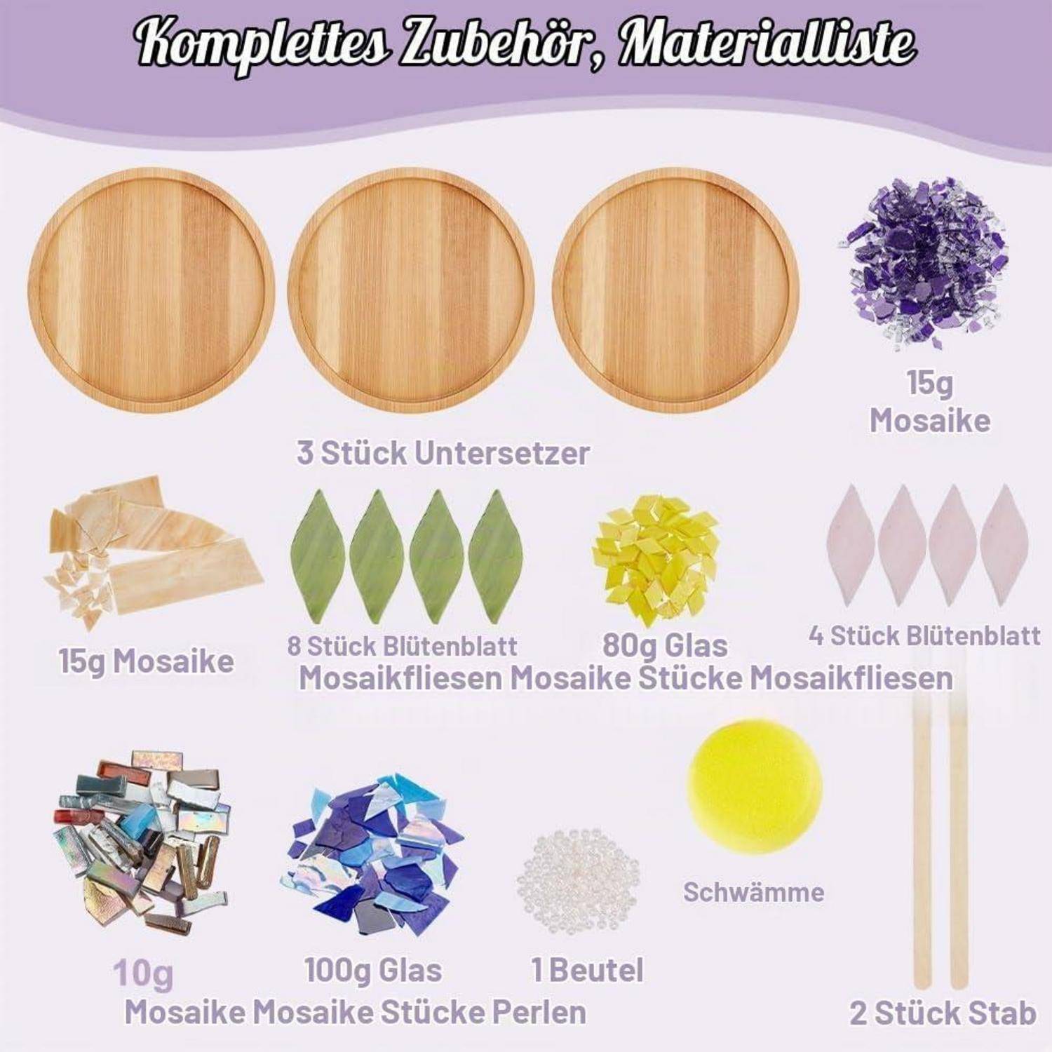 Materialliste für ein Mosaikbastelset: 3 Holzuntersetzer, Mosaikstücke, Blattfliesen, Glasstücke, Perlen, Schwamm und 2 Stöcke.
