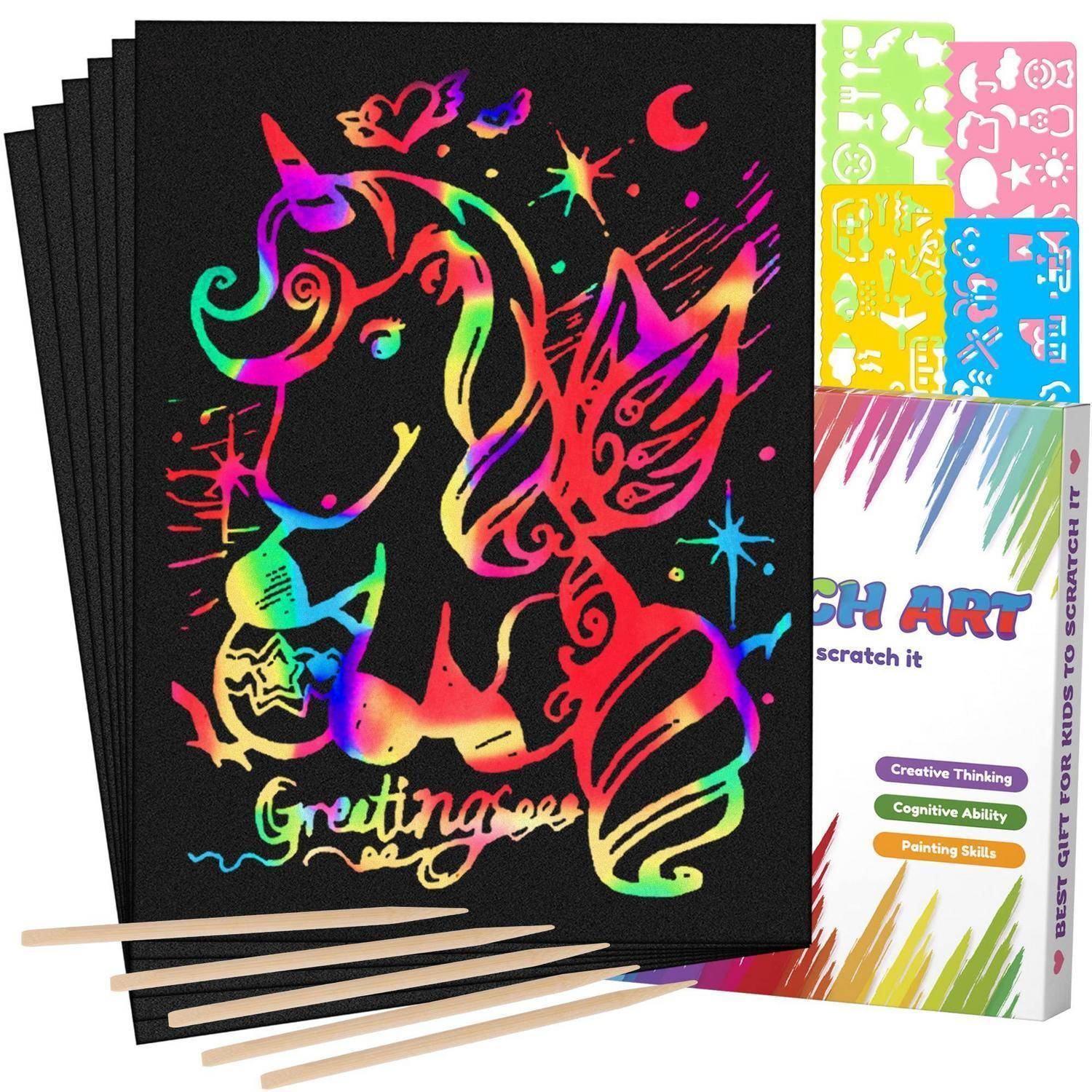 Kratzel-Kunstset mit neon Einhorn-Zeichnung auf schwarzem Kratzel-Papier, gezeigt mit Holz-Kratzwerkzeugen und Box-Verpackung.