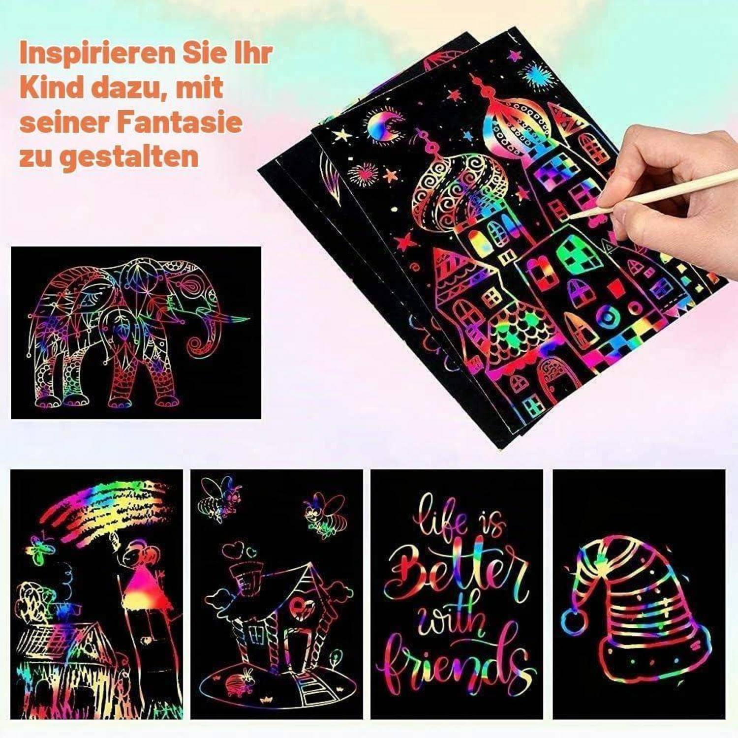Scratch-Art-Malset mit einem Kind, das bunte Designs auf schwarze Blätter kratzt und Beispiele mit Elefant, Haus, Freundschaftszitat und Hut zeigt; deutscher Text sagt „Inspirieren Sie Ihr Kind, mit Fantasie zu erschaffen".