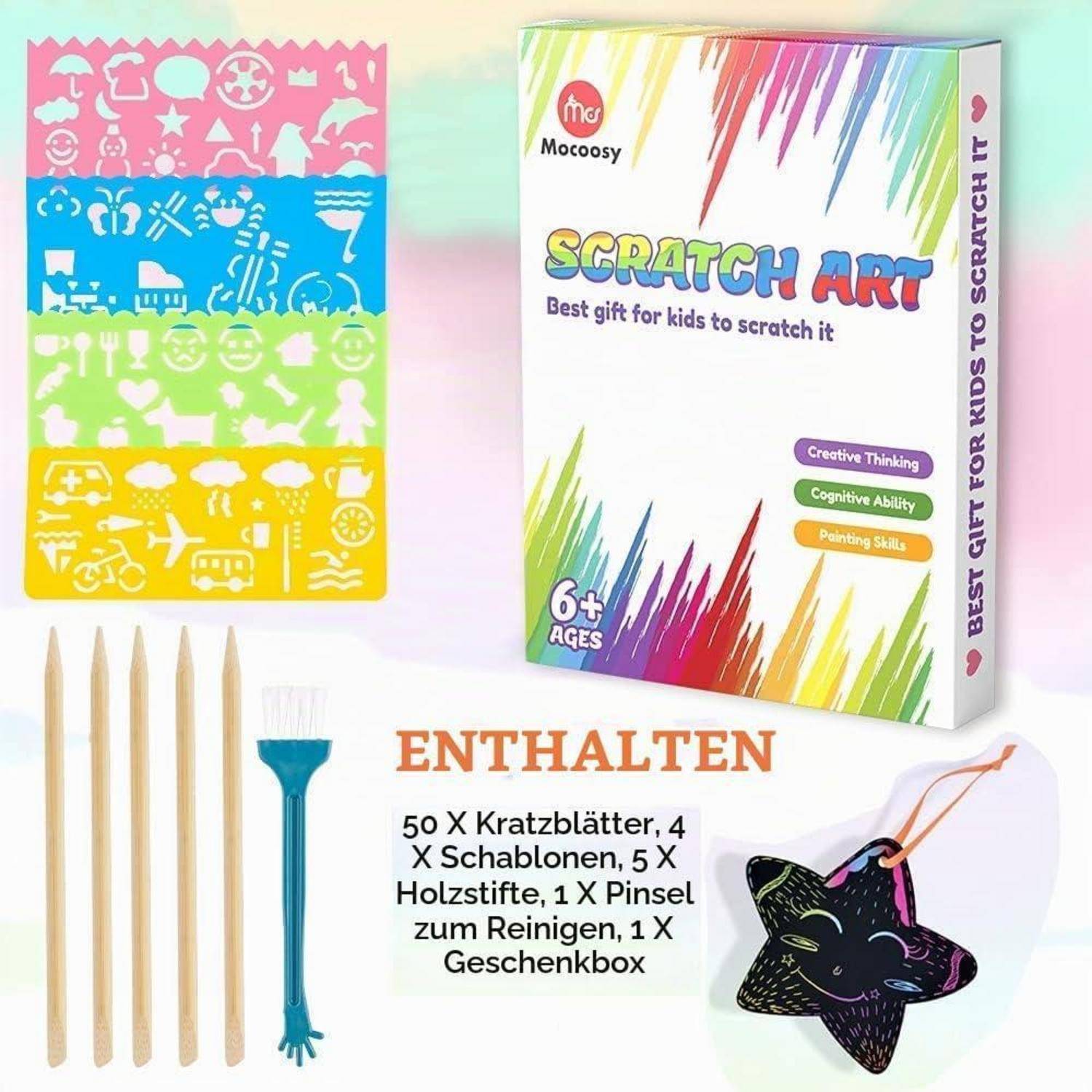 Produktbild eines Kratzbild-Sets für Kinder mit farbenfrohen Kratzbilättern, Schablonen, hölzernen Stiften, Reinigungsbürste und einer katzenförmigen Geschenkbox; die Schachtel ist mit „SCRATCH ART" für Kinder ab 6 Jahren beschriftet.
