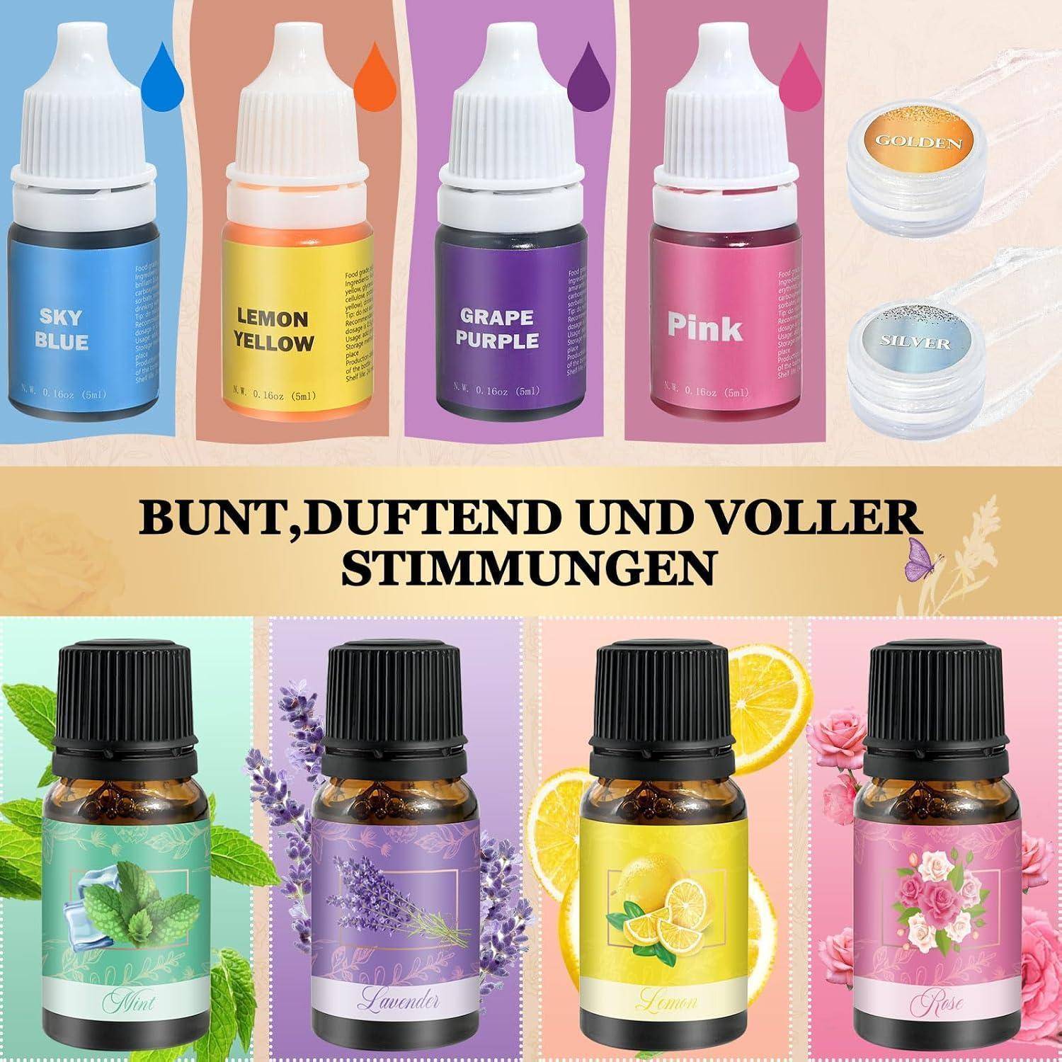 Bunte Flaschen ätherischer Öle in verschiedenen Düften und Farben, mit deutschem Text „BUNT, DUFTEND UND VOLLER STIMMUNGEN