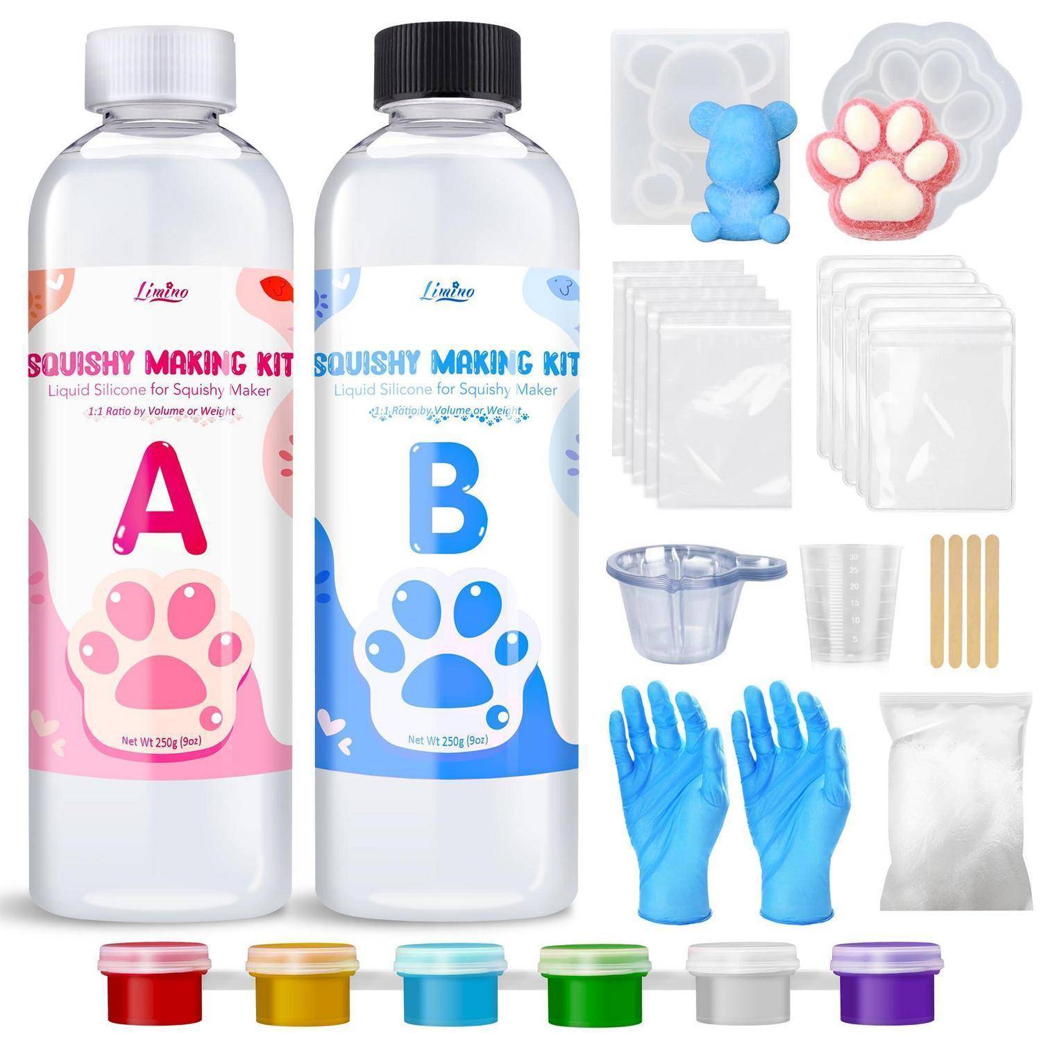 Squishy-Herstellungsset mit zwei Flüssigsilikon-Flaschen mit den Bezeichnungen A und B, sowie Formen, Handschuhe, Becher, Stäbchen und farbigen Pigmentgläsern.