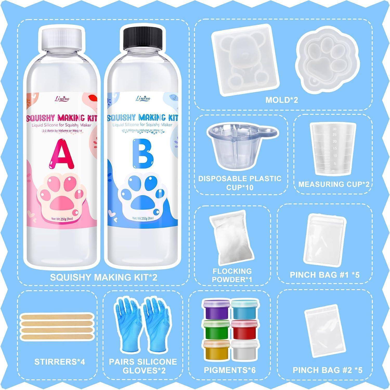 Knete-Herstellungskit mit 2 Flüssigkeitssilikonflaschen und enthaltenen Materialien: Formen, Becher, Messbecker, Pulver, Prise-Beutel, Rührstäbe, Handschuhe und Pigmente.