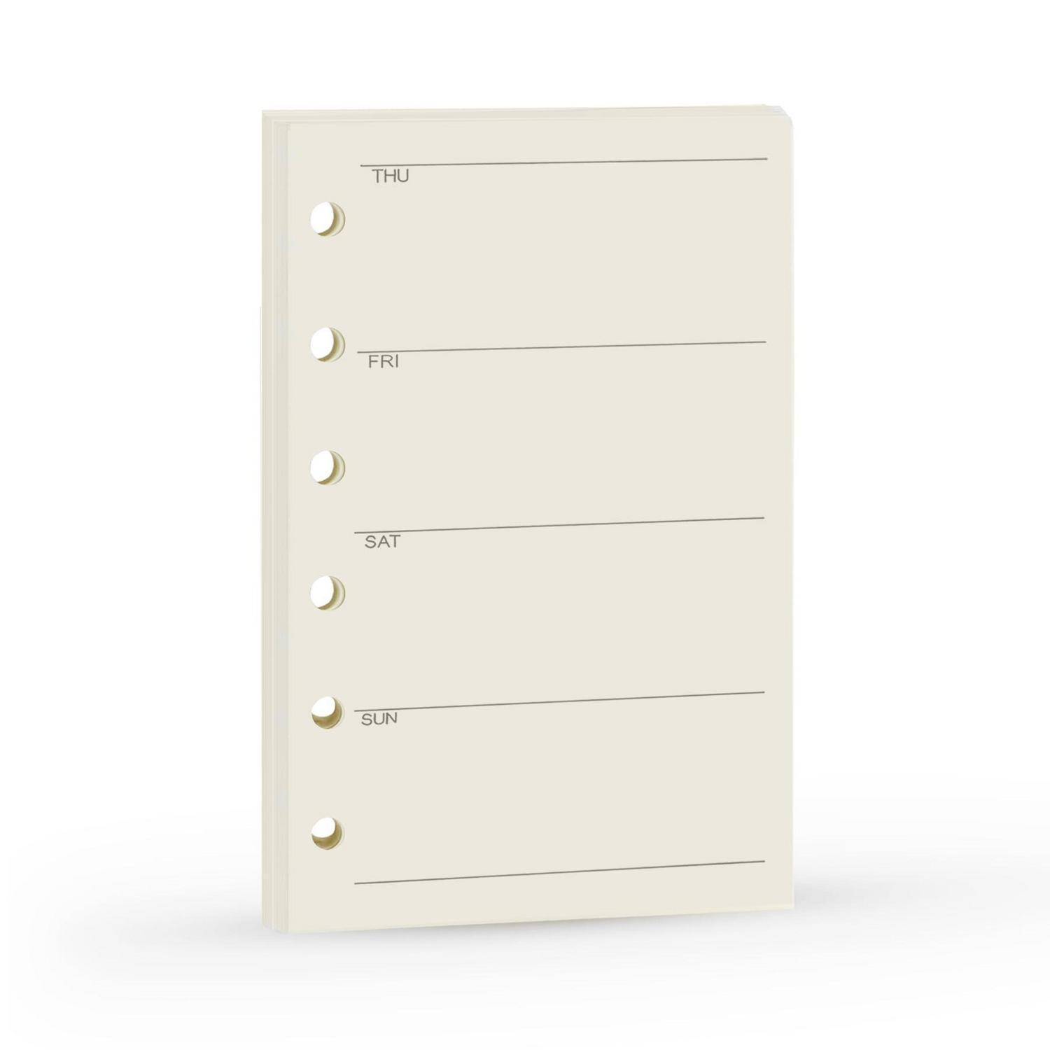 Minimalistischer beige Wochenplanereinsatz mit beschrifteten Zeilen für DO, FR, SA und SO, gebunden mit Ringbindung.