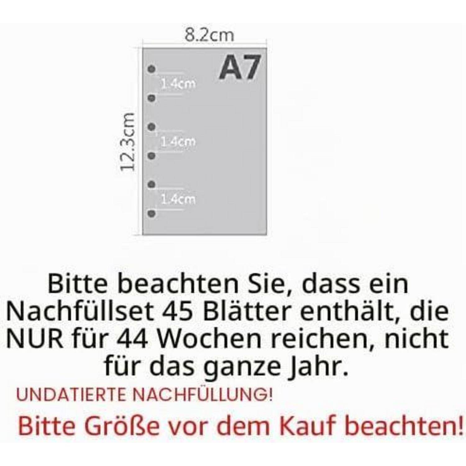 # A7-Papiereinsatz mit den Abmessungen 8,2 cm x 12,3 cm, mit deutscher Warnung, dass ein Nachfüllset 45 Blätter enthält und nur 44 Wochen hält, nicht ein ganzes Jahr.