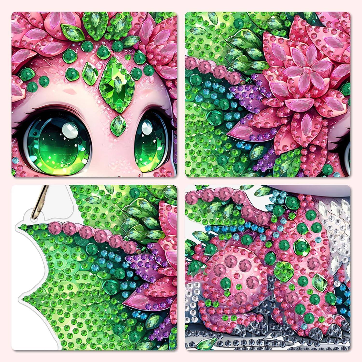 Collage aus vier Nahaufnahmen von Diamantmalereien eines rosa und grünen Anime-Charakters im Stil mit großen Augen, Blumenhaar und Schmucksteindetails.