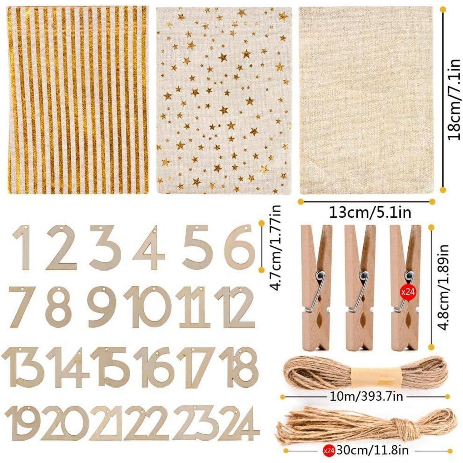 Bastelkit-Inhalt: drei Stoffblätter, Holzzahlen 1-24, 24 Mini-Wäscheklammern und Schnurbündel mit gekennzeichneten Größen.