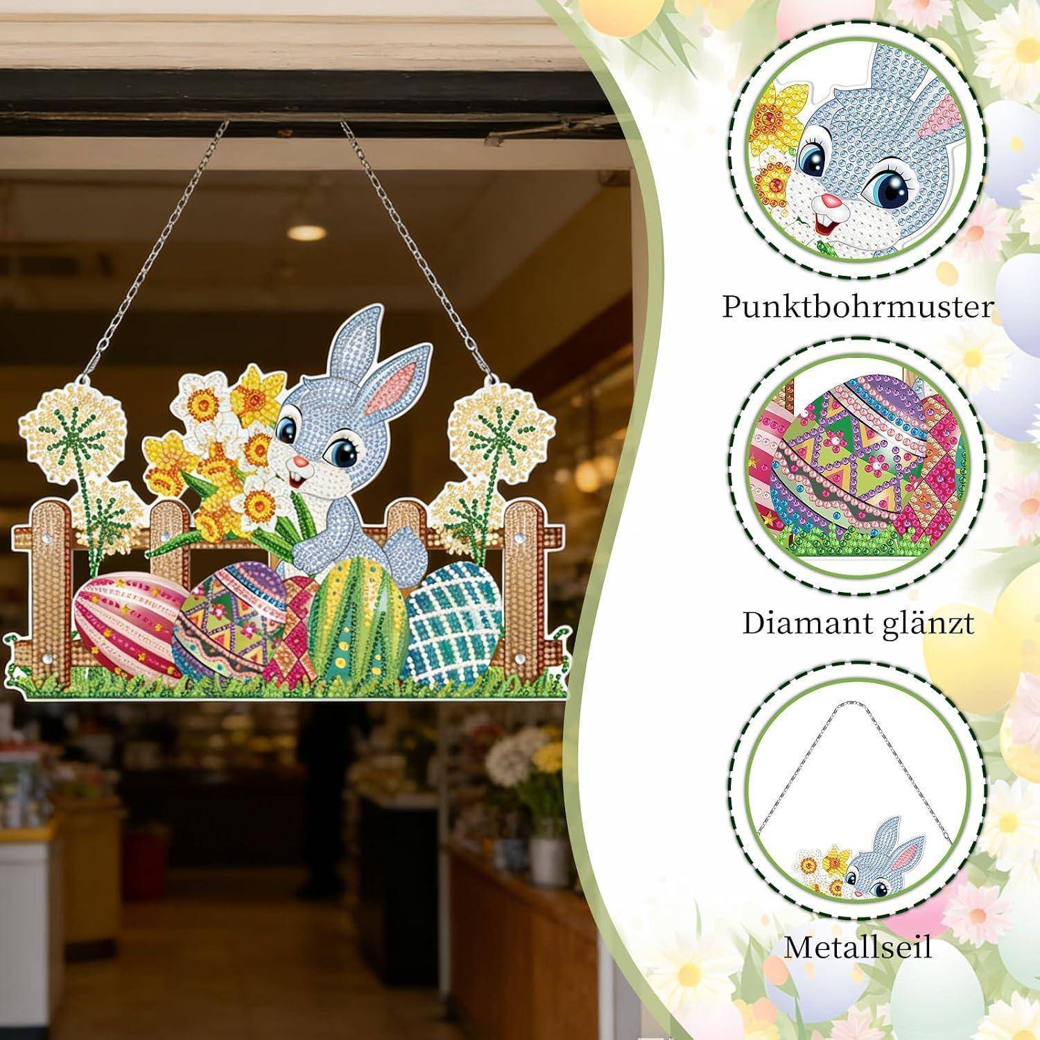 Diamantmalerei-Fensteraufhänger mit Hase und Ostereiern, plus Detailausschnitte mit den Beschriftungen „Punktbohrmuster